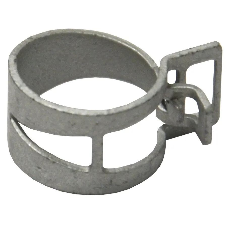 Vorgespannte graue Federbandschelle aus Metall mit rundem Spannring und seitlichem Verschlussmechanismus, 18 mm