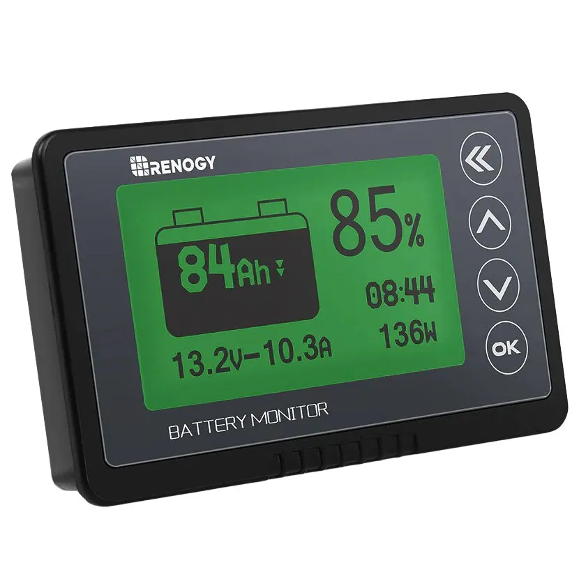 Schwarzer Renogy Batterie-Monitor mit grünem Display, Anzeige 85 Prozent Ladezustand, 84 Ah, 13,2 V, 10,3 A und 136 W