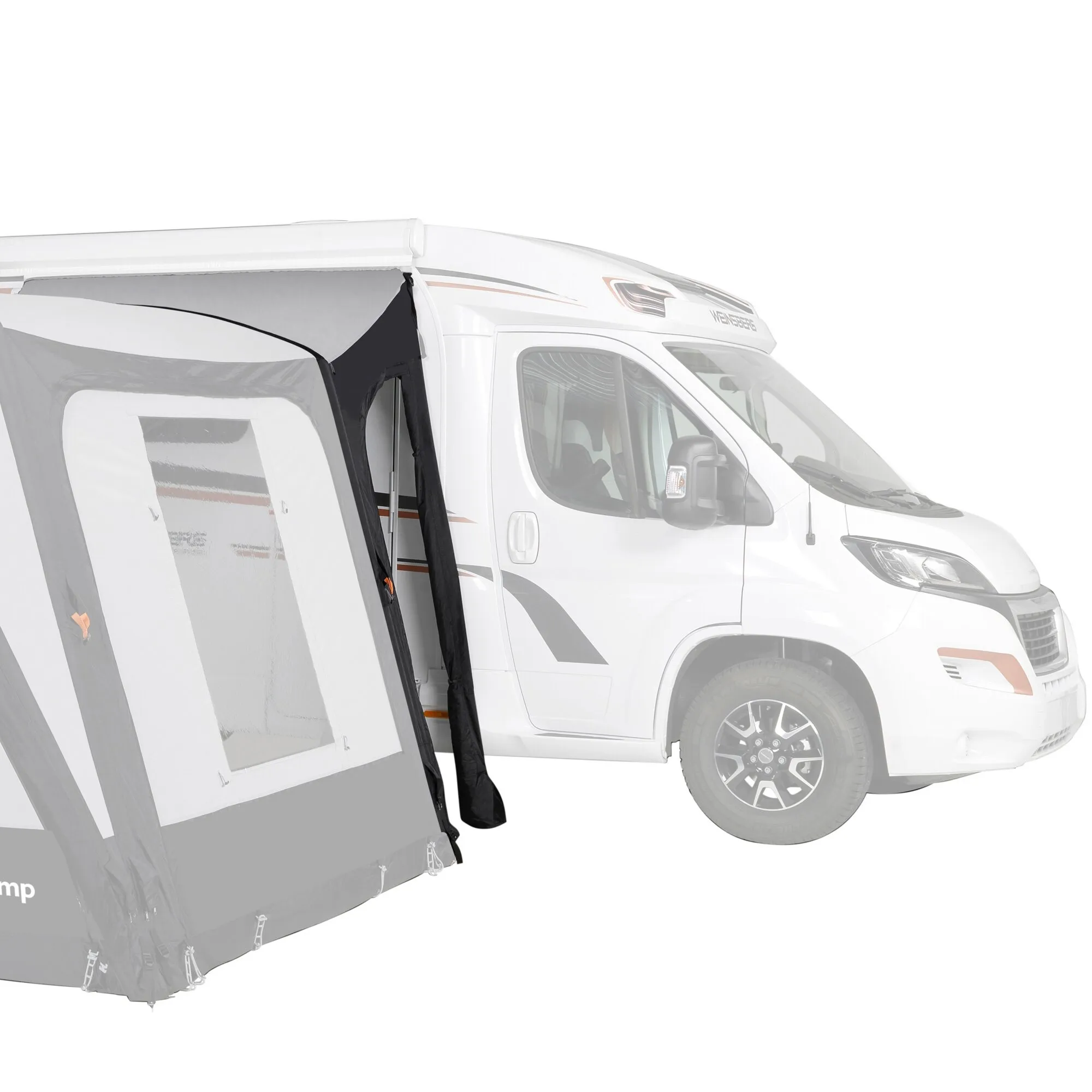 Graues Vorzelt Quick'n Easy Luxus Air an einem weißen Wohnmobil, mit transparenten Fenstern und schwarzem Eingang】【。