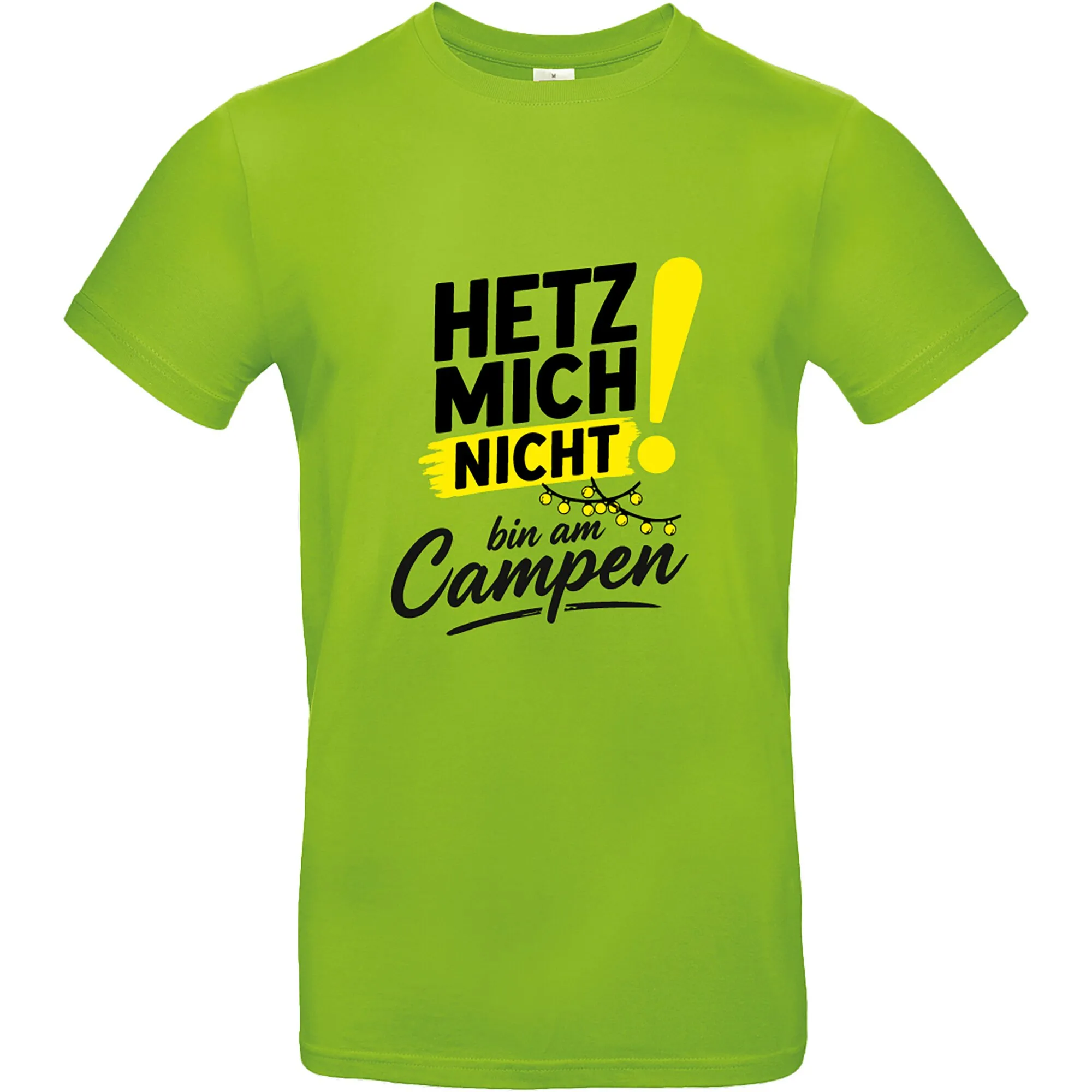 Apfelgrünes T-Shirt mit kurzen Ärmeln und schwarzem Aufdruck Hetz mich nicht, bin am Campen, Größe 3XL