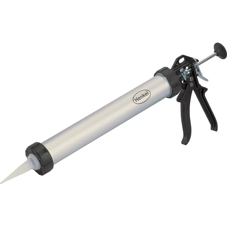 Silberne Aluminium-Handpistole von Henkel mit schwarzem Griff, Abzug und Düse für 600-ml-Beutel