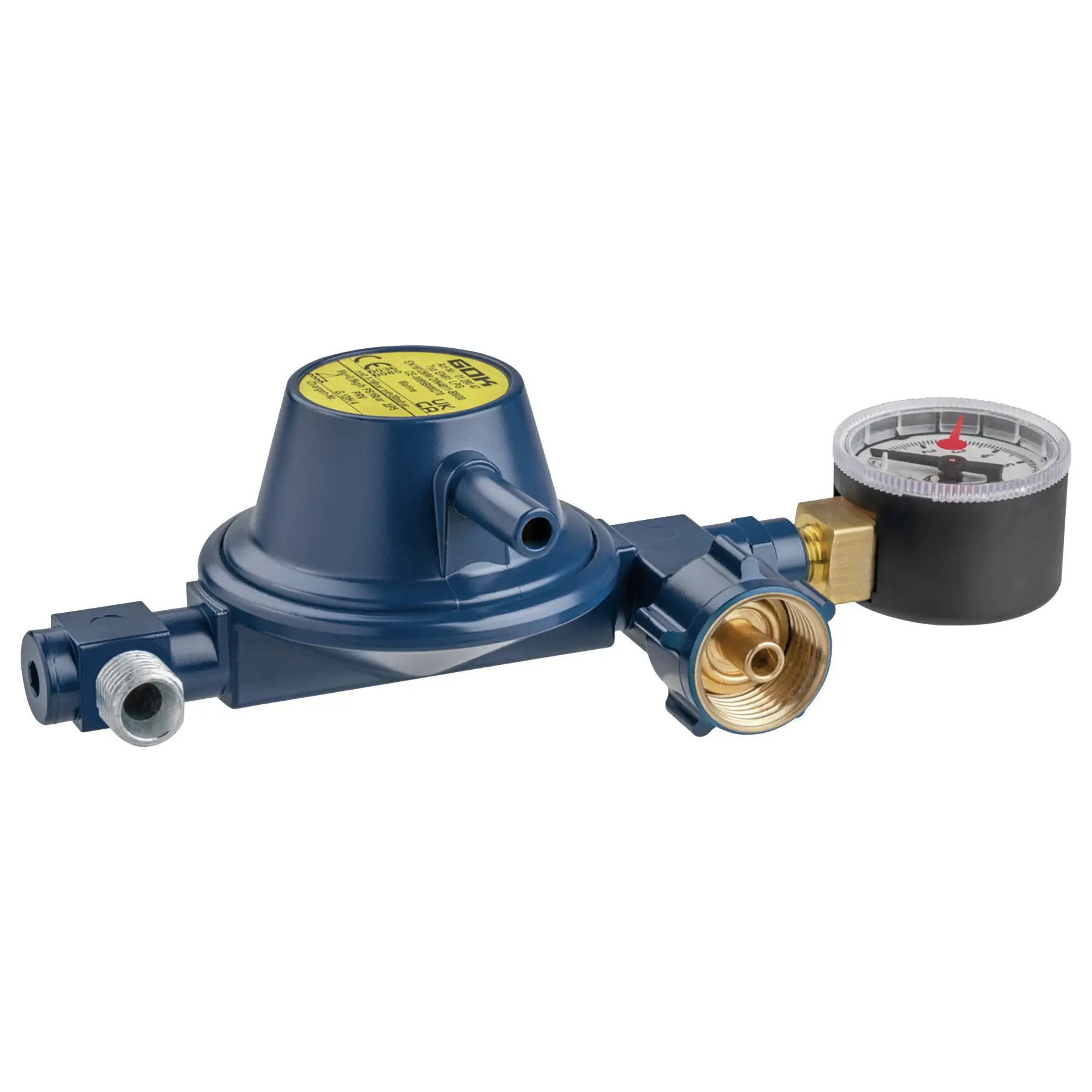 Blauer Gasregler aus Kunststoff mit rundem Manometer, sichtbaren Messinganschlüssen und gelbem Typenschild oben