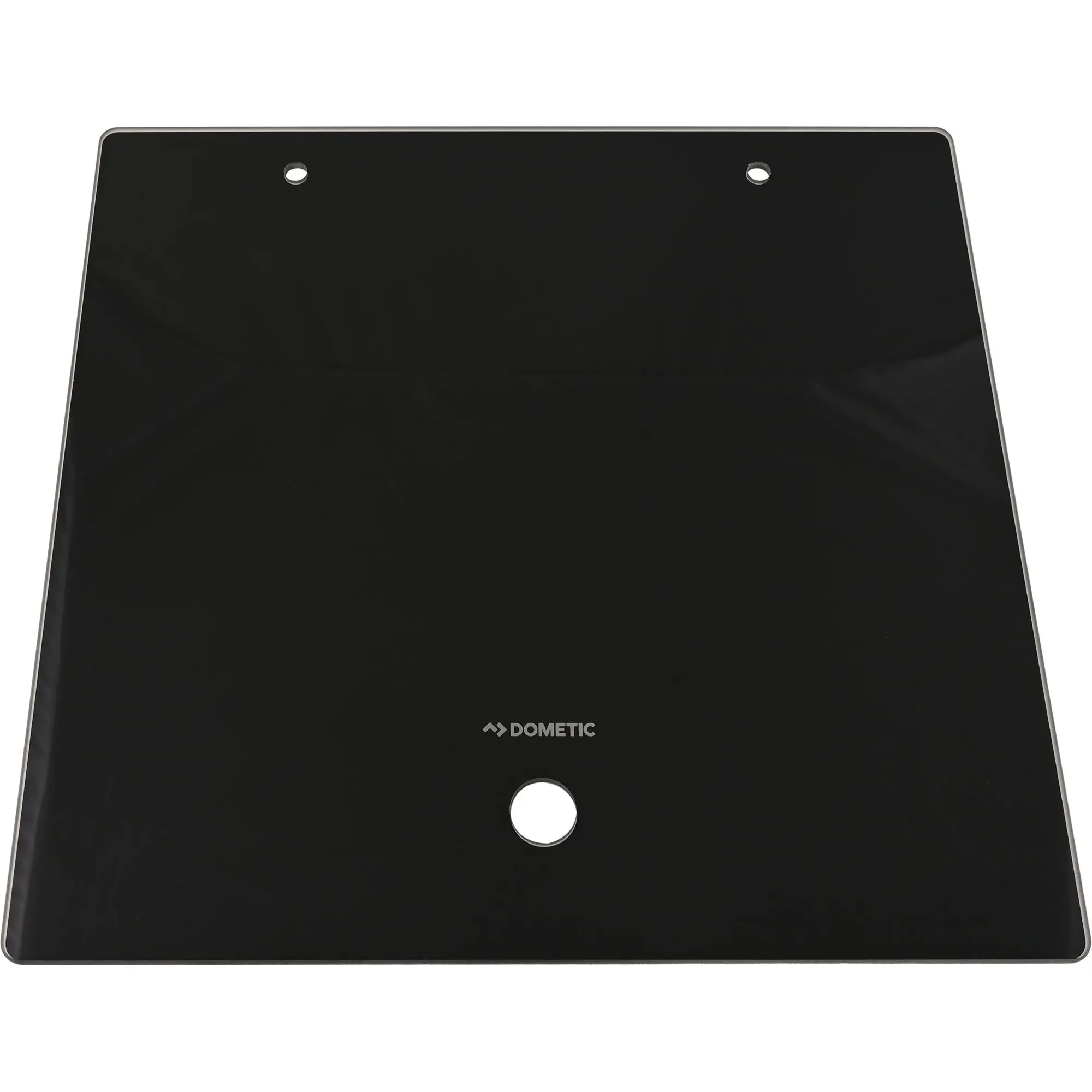 Schwarze Glasabdeckung mit silbernem Rand für Dometic Spüle CVS1350G; zwei kleine Bohrungen oben, eine größere unten in der Mitte; DOMETIC-Logo unten