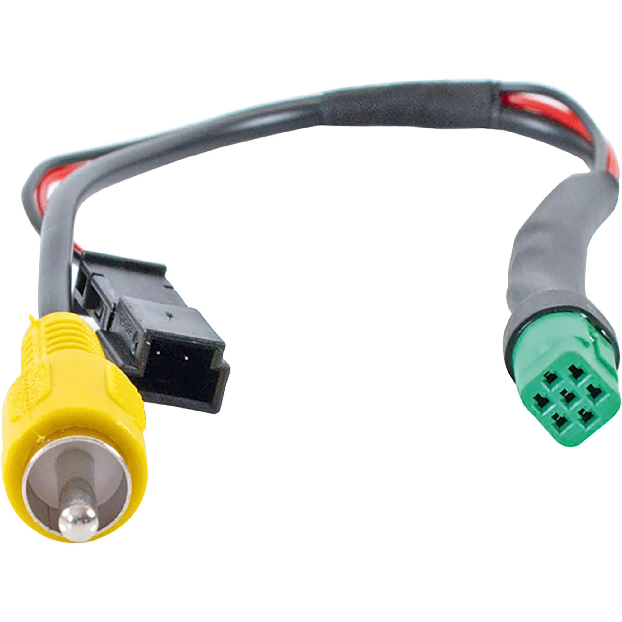 Adapterkabel mit grünem 7-poligem Stecker, gelbem Cinch-Stecker und schwarzem Anschlussgehäuse vor weißem Hintergrund