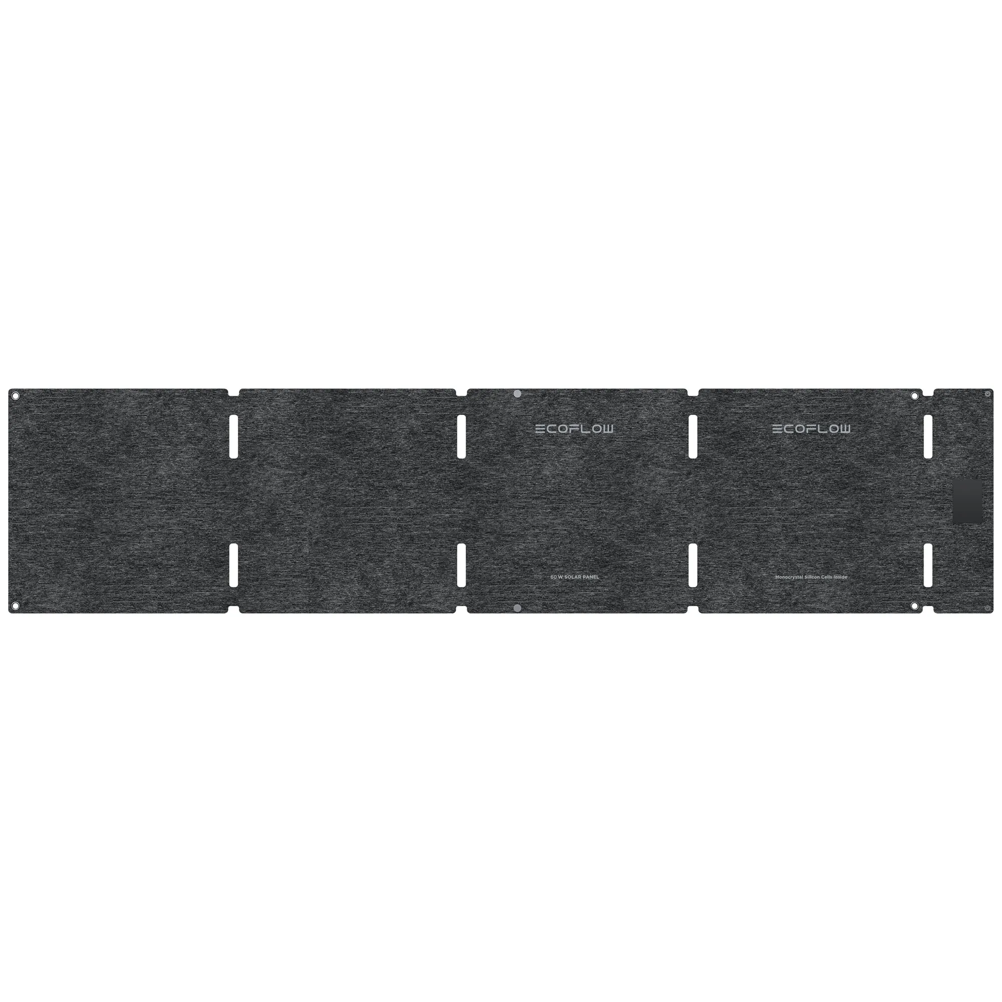 Aufgeklapptes schwarzes EcoFlow-Falt-Solarmodul mit vier Segmenten, Ösen und sichtbarem Aufdruck 60 W Solar Panel