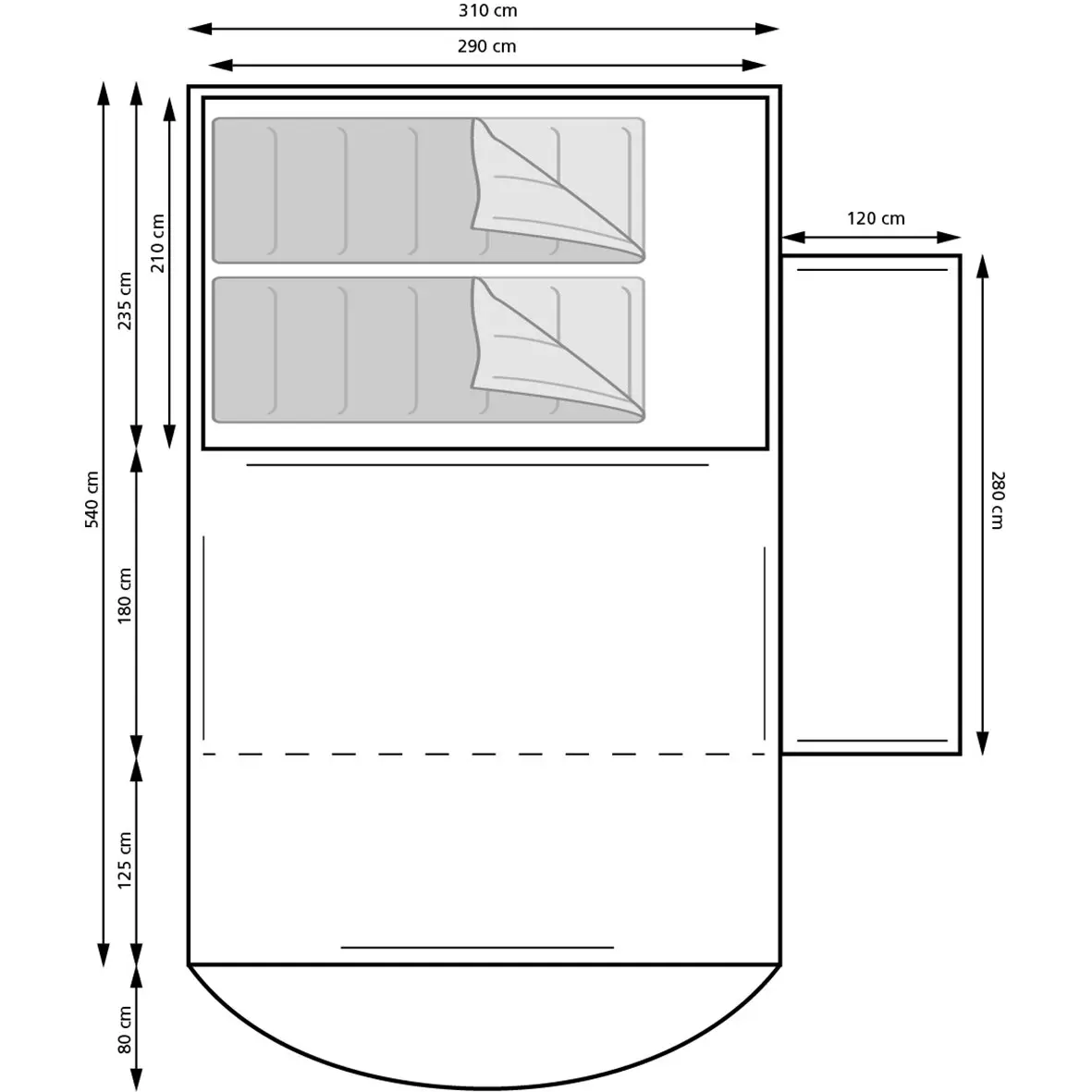 Grundriss eines Busvorzelts Oak Creek 540 cm: Planzeichnung eines Campers mit seitlichem Anbau und zwei Schlafbereichen, Maße in cm