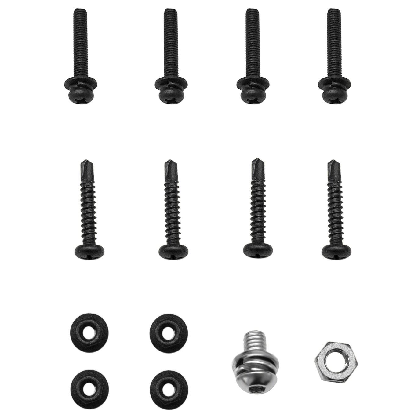 Verschiedene schwarze Schrauben unterschiedlicher Länge, runde Gummischeiben, eine silberne Kugelkopf-Schraube und eine Metallmutter