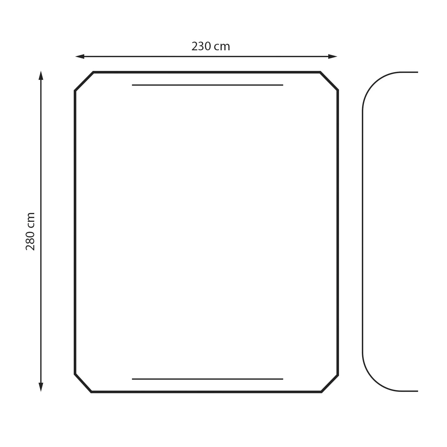 Schematische Maßzeichnung des Heckzelts Cruiser SUV Air mit 230 cm Breite, 280 cm Länge und Fahrzeuganschluss rechts