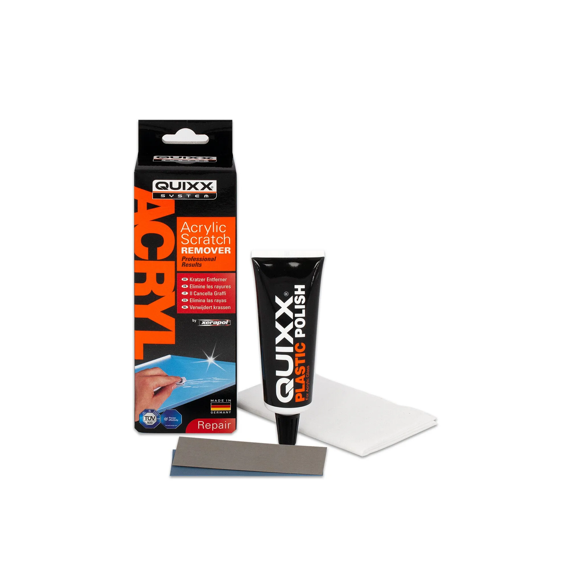QUiXX Acrylglas-Kratzerentferner mit schwarzer Verpackung, Politur-Tube, weißen Tüchern und Schleifpapierunterlagen