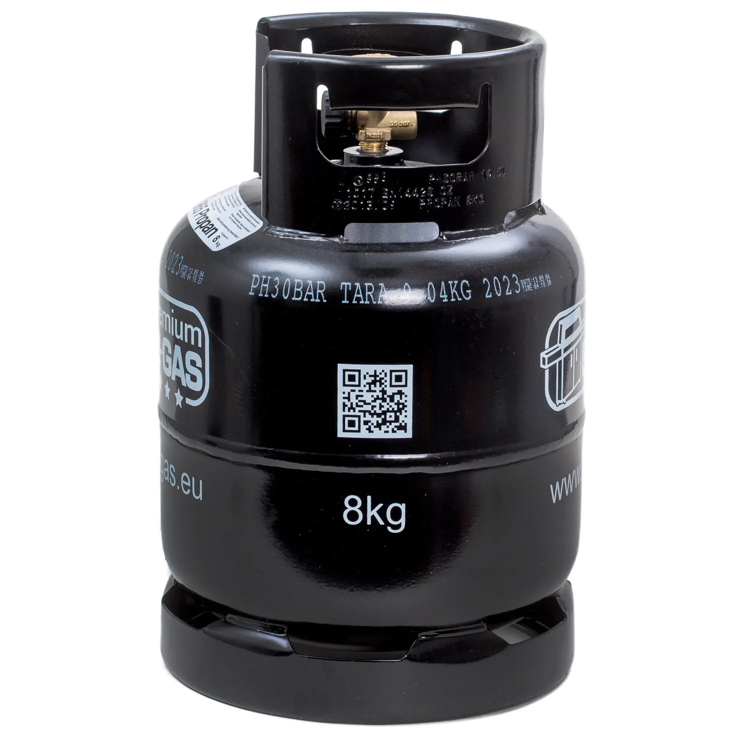 Schwarze Propan-Gasflasche für Barbecue mit Schraubventil, QR-Code-Aufkleber und 8 kg Kennzeichnung sichtbar