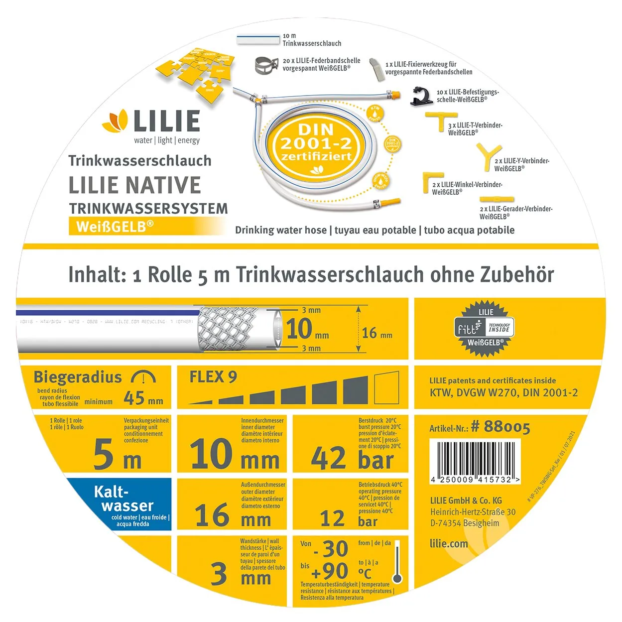 Verpackung des weißen Trinkwasserschlauchs WeißGELB von LILIE, 5 m lang, 10 x 16 mm, für Kaltwasser, DIN 2001-2 zertifiziert