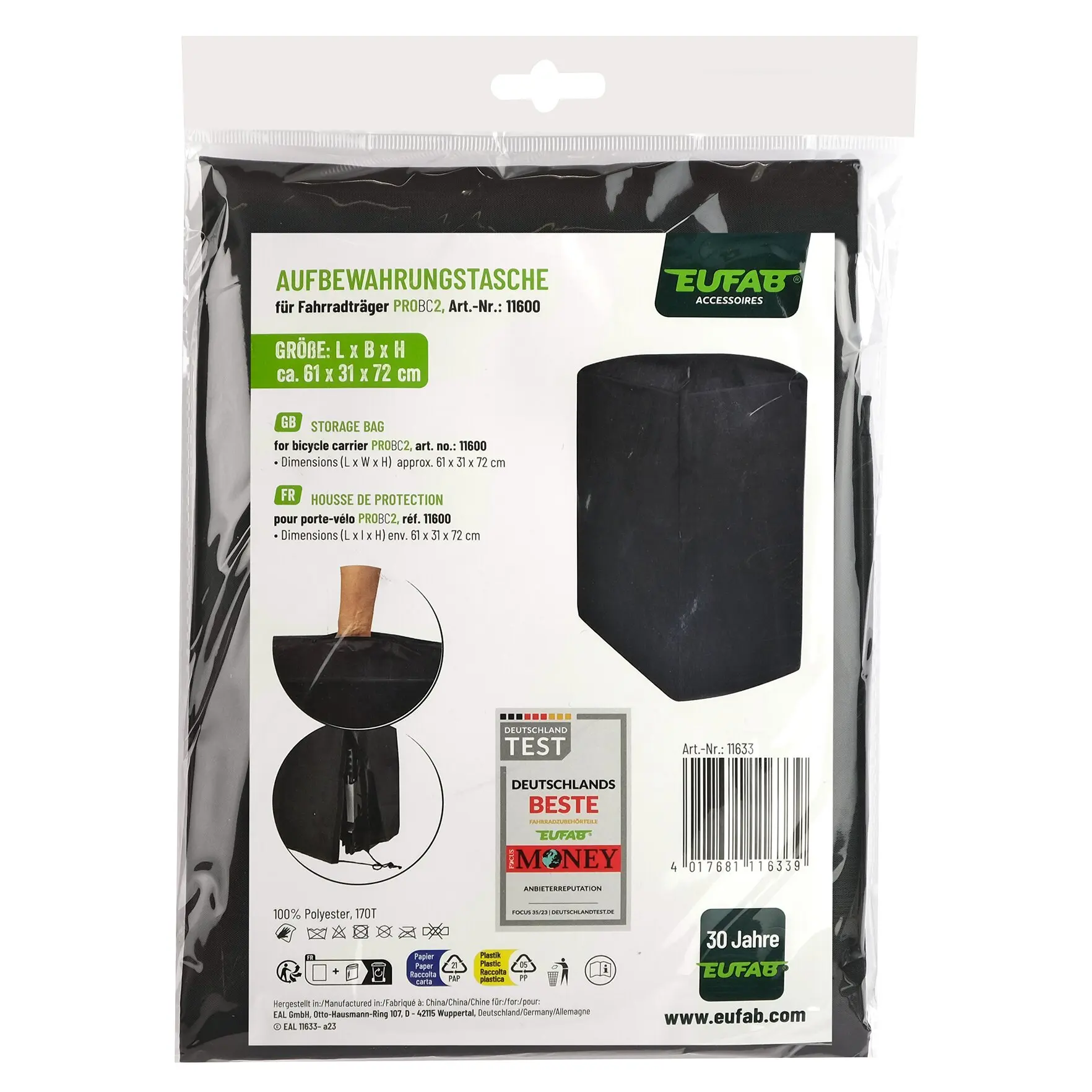 Transparente Verpackung umgibt eine schwarze Aufbewahrungstasche für Fahrradträger ProBC2; sichtbares Etikett zeigt Größe ca. 61 x 31 x 72 cm und EUFAB Logo
