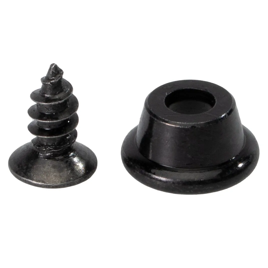 Schwarze Schraubenteile auf weißem Hintergrund: links ein Schraubenkopf mit spiralförmigem Gewinde, rechts eine konische Kappe mit Loch