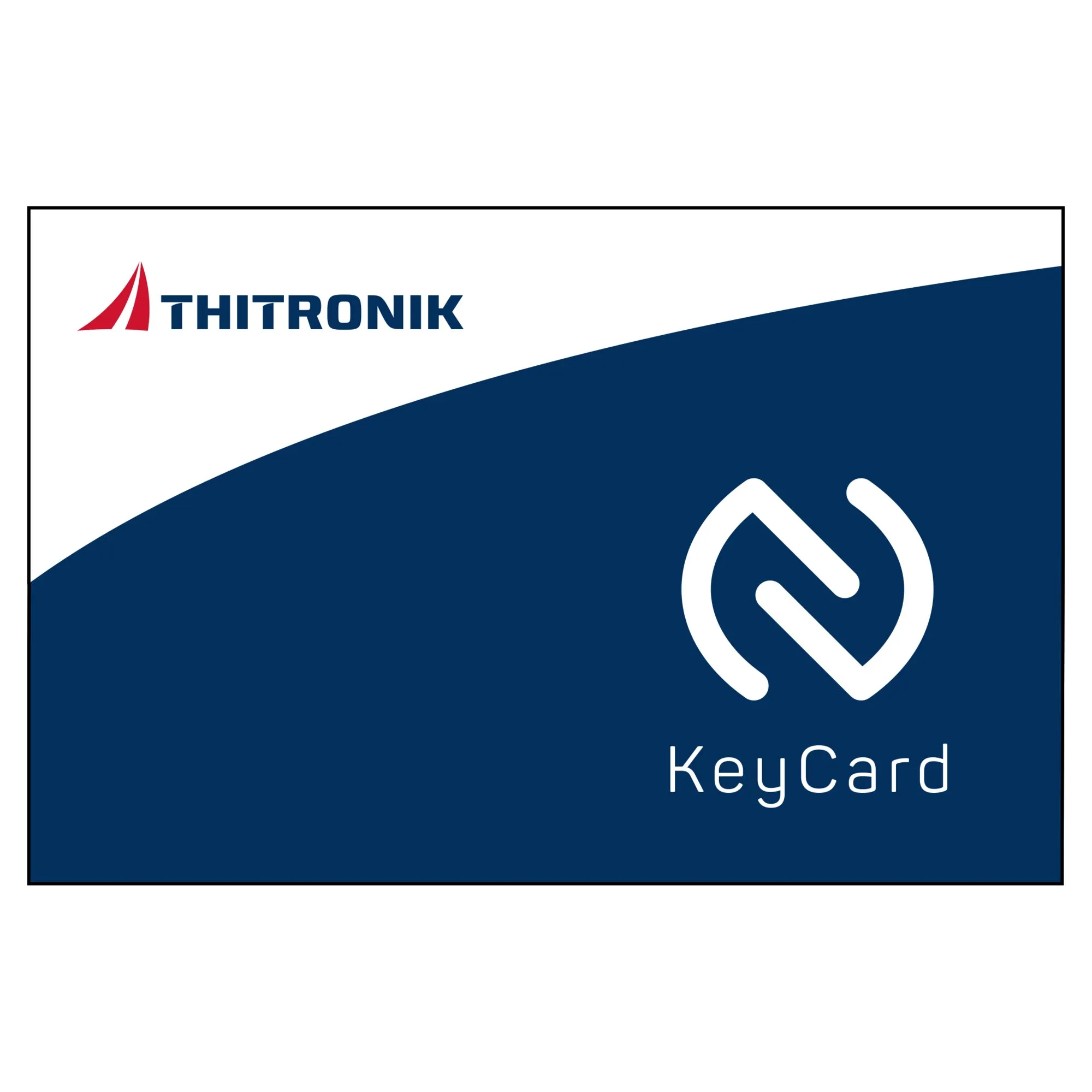 Weiße und dunkelblaue NFC-Transponderkarte von THITRONIK mit NFC-Symbol und der Aufschrift KeyCard