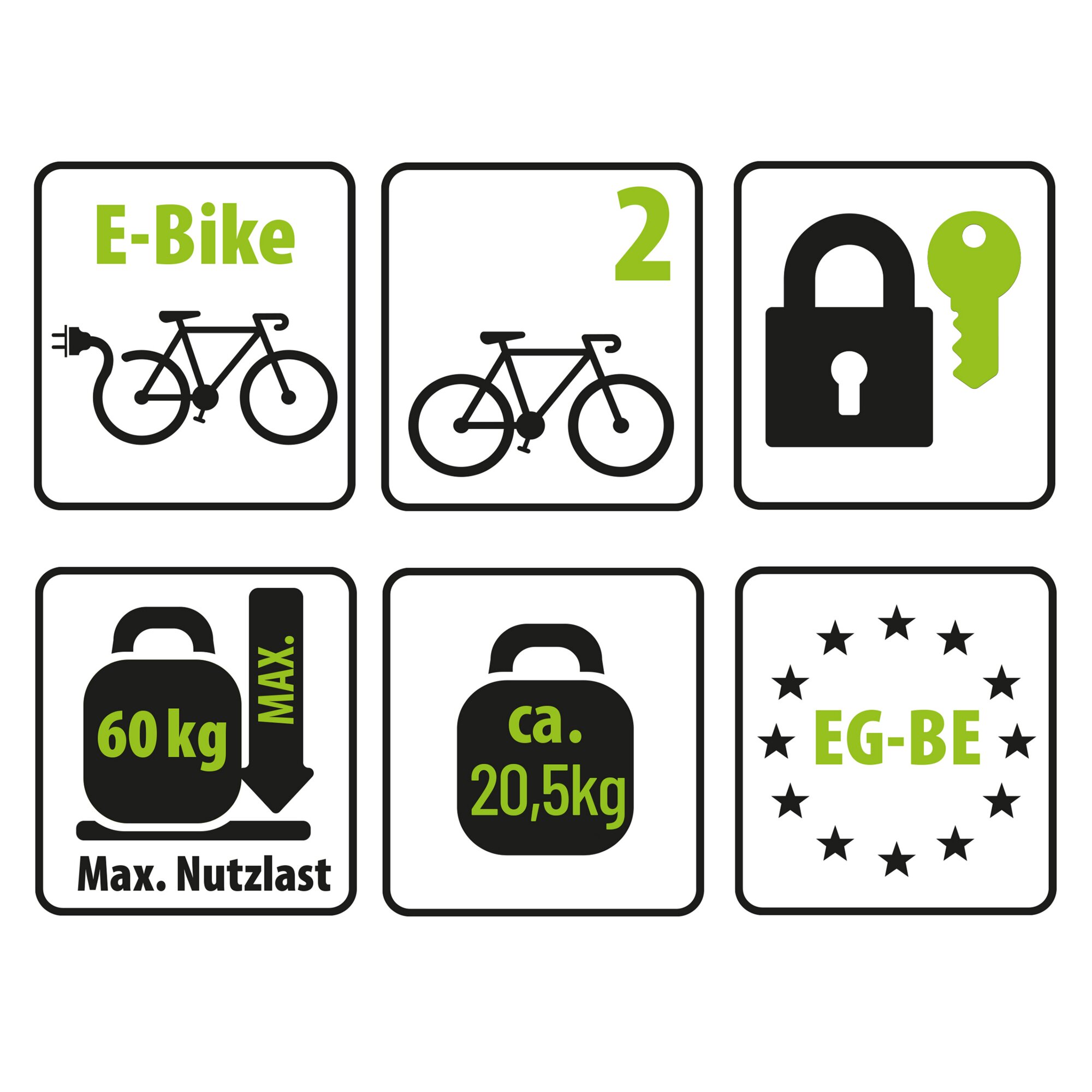 Infografik zum Fahrradträger SD260, schwarz: E-Bike Hinweis, zwei Fahrräder, Schloss und Schlüssel; Nutzlast 60 kg, Gewicht ca. 20,5 kg, EG BE