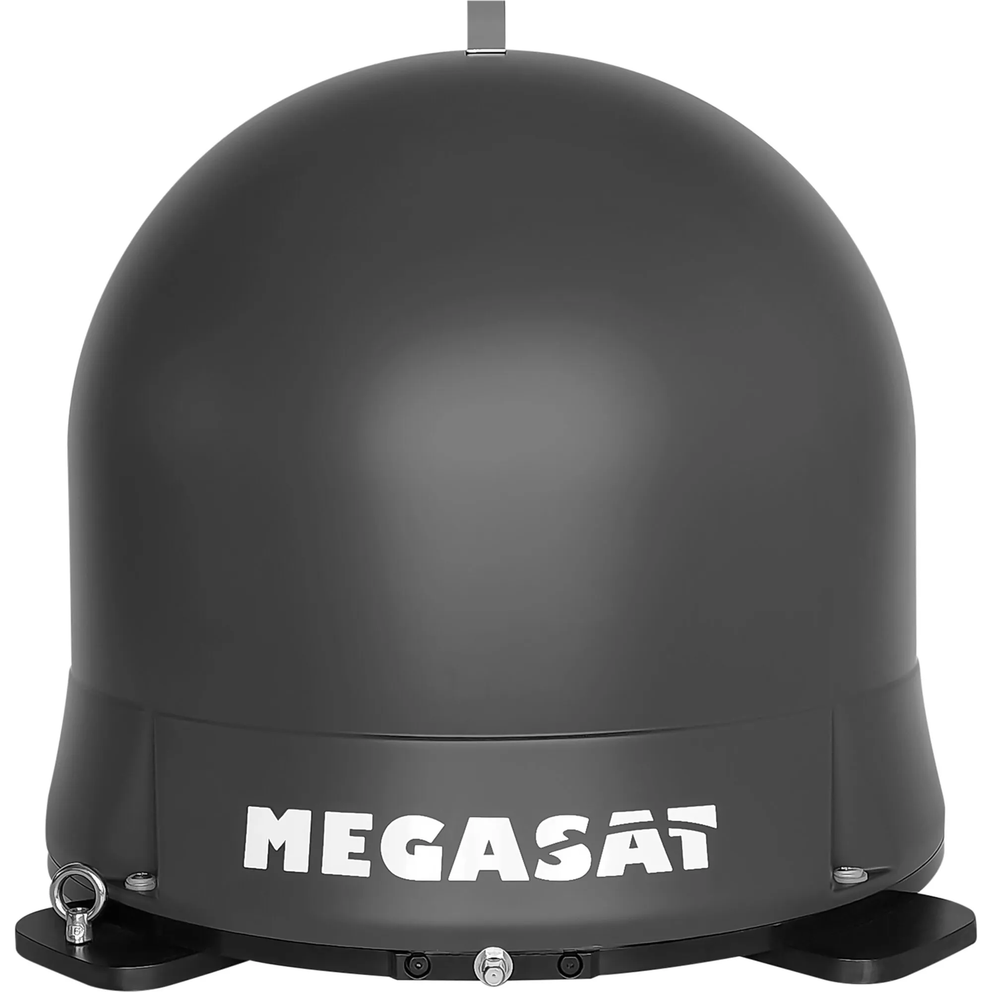 Graphitgraue, kuppelförmige Camping-Sat-Anlage Campingman Portable Eco mit MEGASAT-Schriftzug und Montageplatte