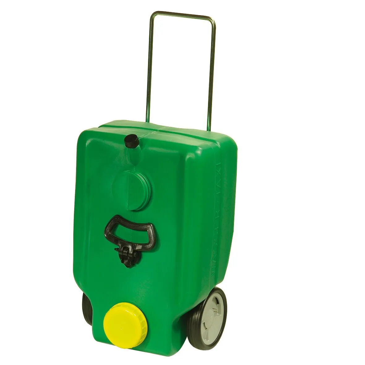 Grüner Wassertank Wassertaxi mit schwarzem Ziehgriff, langem Schubbügel, gelbem Schraubverschluss und zwei Rädern