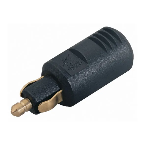 Schwarzer Normstecker mit zylindrischem Kunststoffgehäuse, geriffelter Oberfläche und sichtbaren Metallkontakten in Seitenansicht