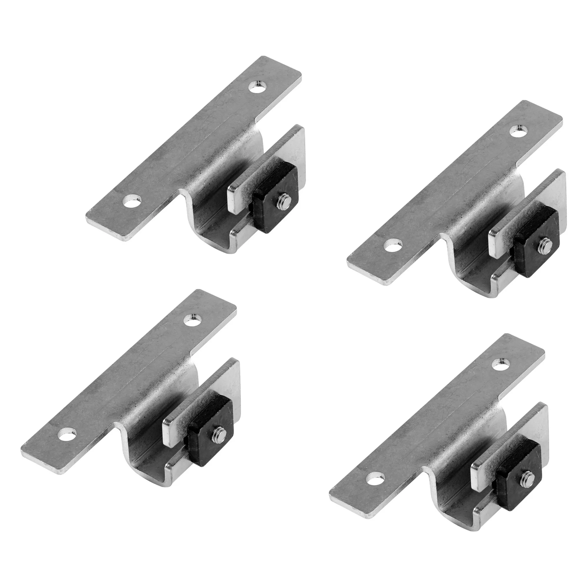 Vier silberne Metallhalterungen des Thule Roof Rack Umbausatzes mit flachen Montageplatten, Bohrungen und schwarzen Klemmblöcken