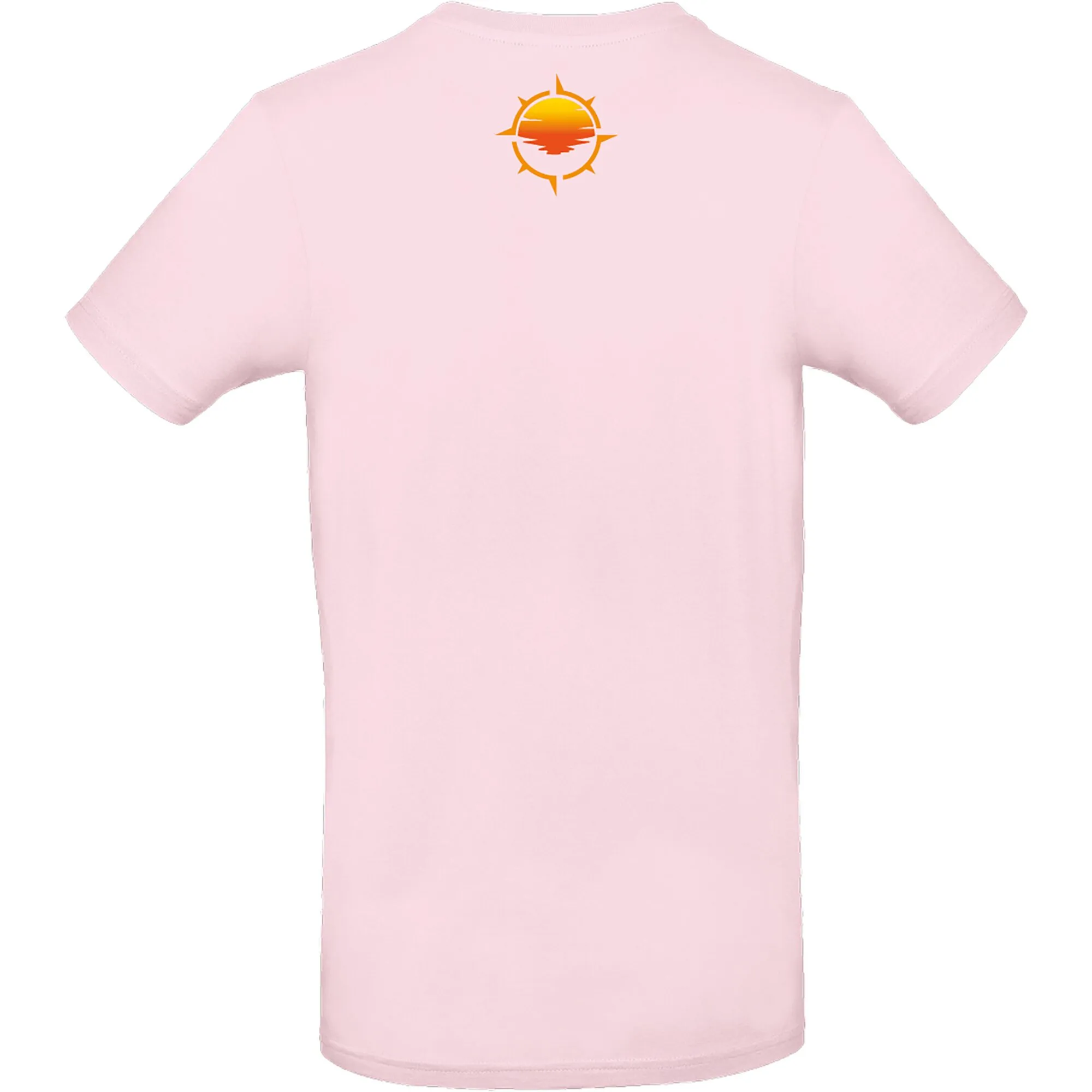 Rosa T-Shirt Vanlife 2 mit kurzen Ärmeln und orangefarbenem Sonnenuntergangs-Logo auf der Vorderseite, Größe 3XL