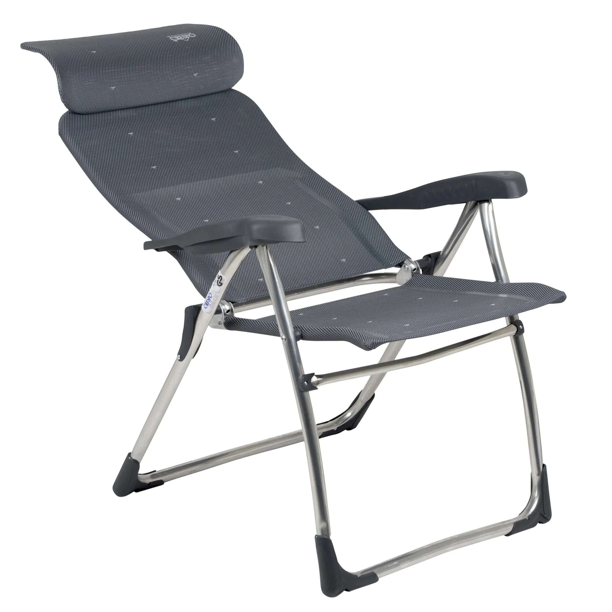 Campingstuhl XS AL/215 Compact in Dunkelgrau mit verstellbarer Liegefläche, Armlehnen und silbernem Aluminiumgestell