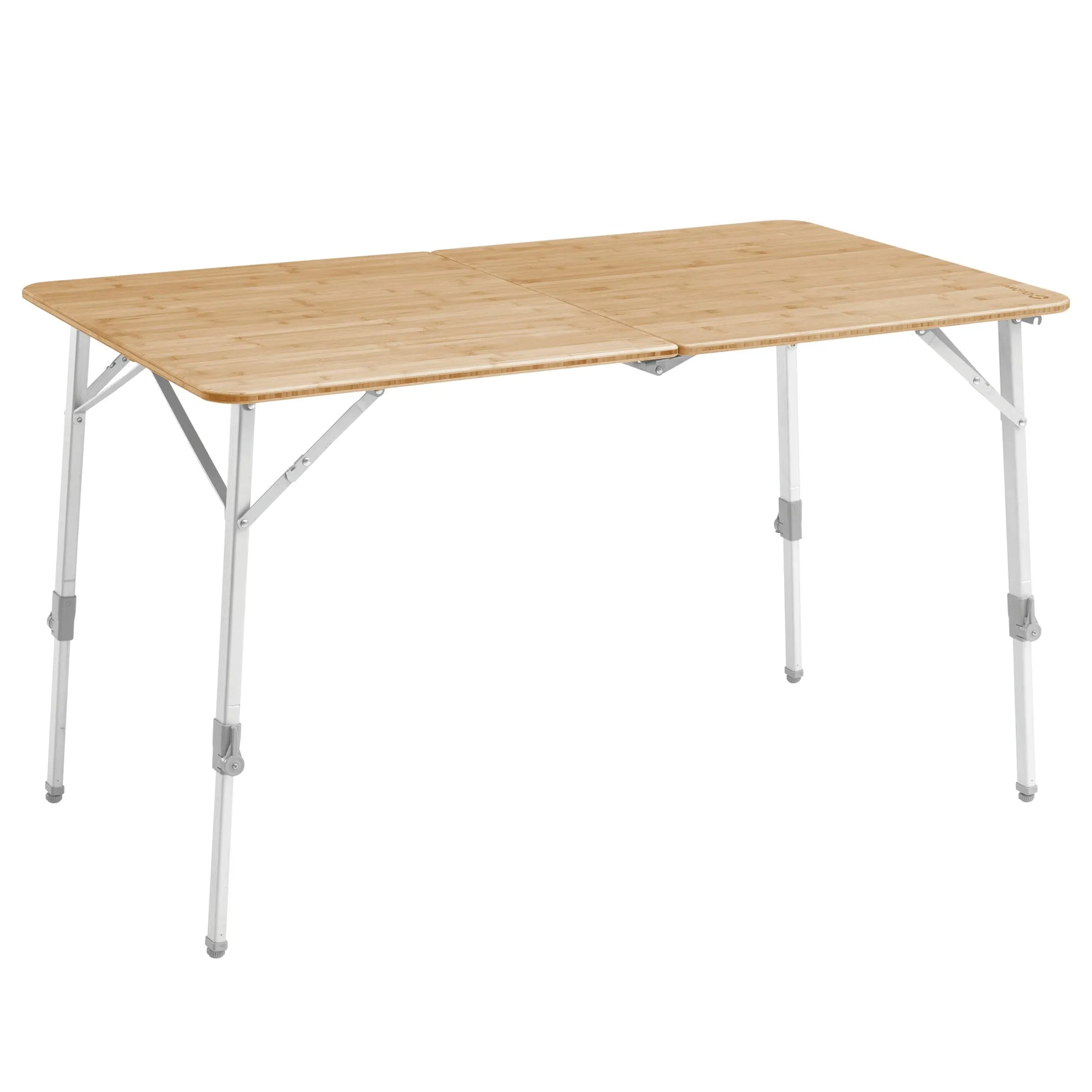 Bambustisch Custer mit 120 cm großer, rechteckiger Tischplatte und klappbarem silberfarbenem Aluminiumgestell