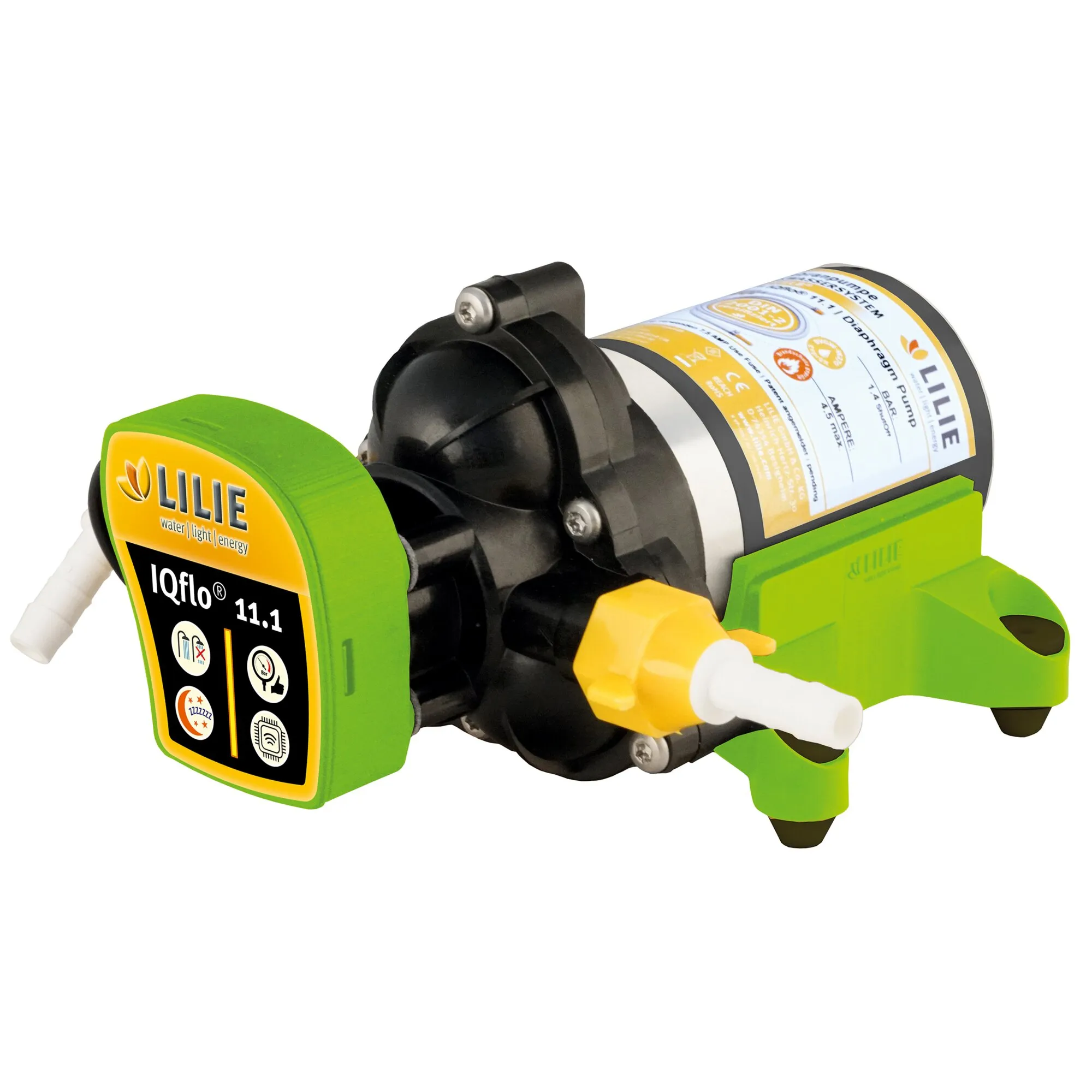 Grün-schwarze Membranpumpe IQflo® 11.1 von LILIE mit zylindrischem Pumpengehäuse und weißen Schlauchanschlüssen
