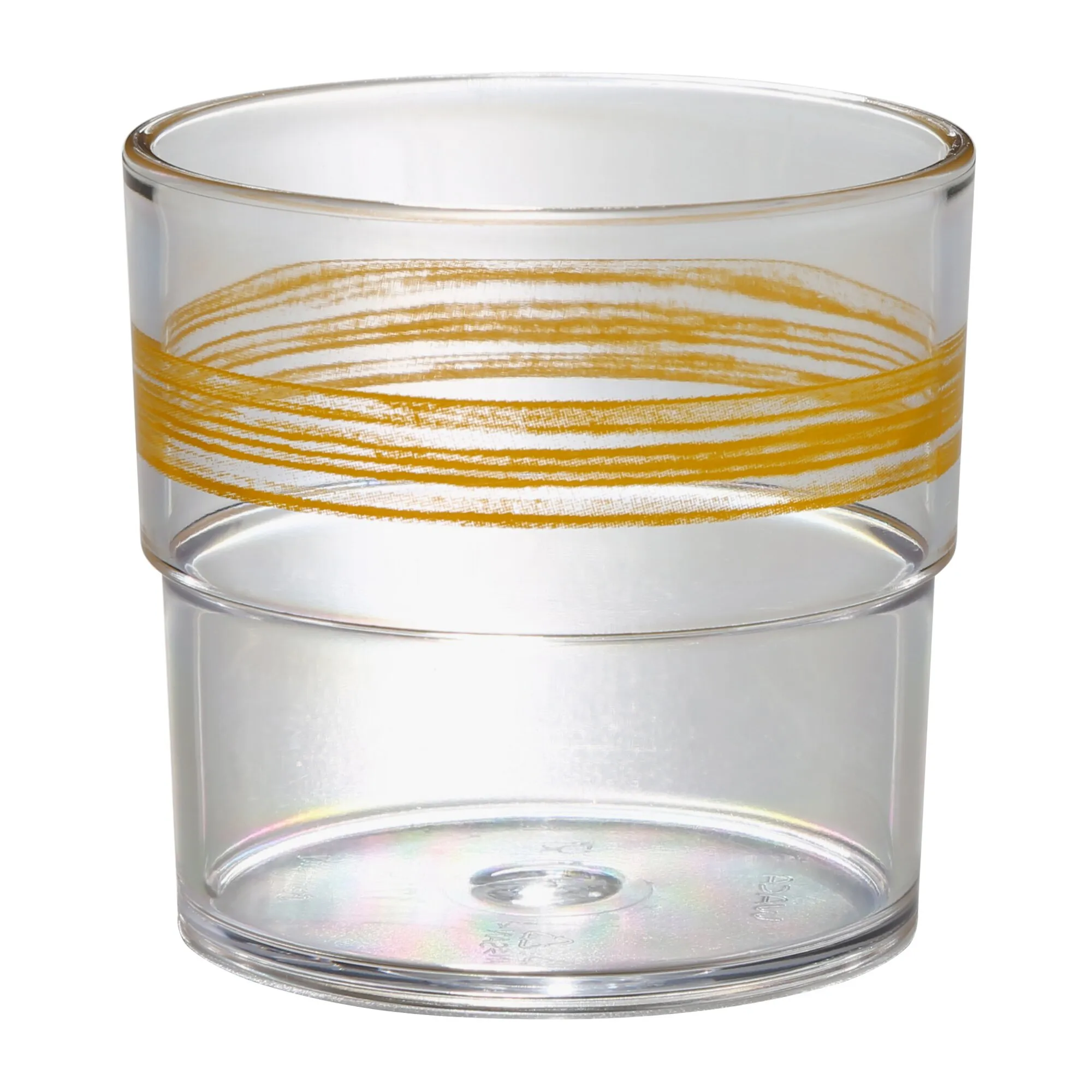Klares zylindrisches Trinkglas mit breitem Standfuß und umlaufendem goldenem Linienmuster auf weißem Hintergrund