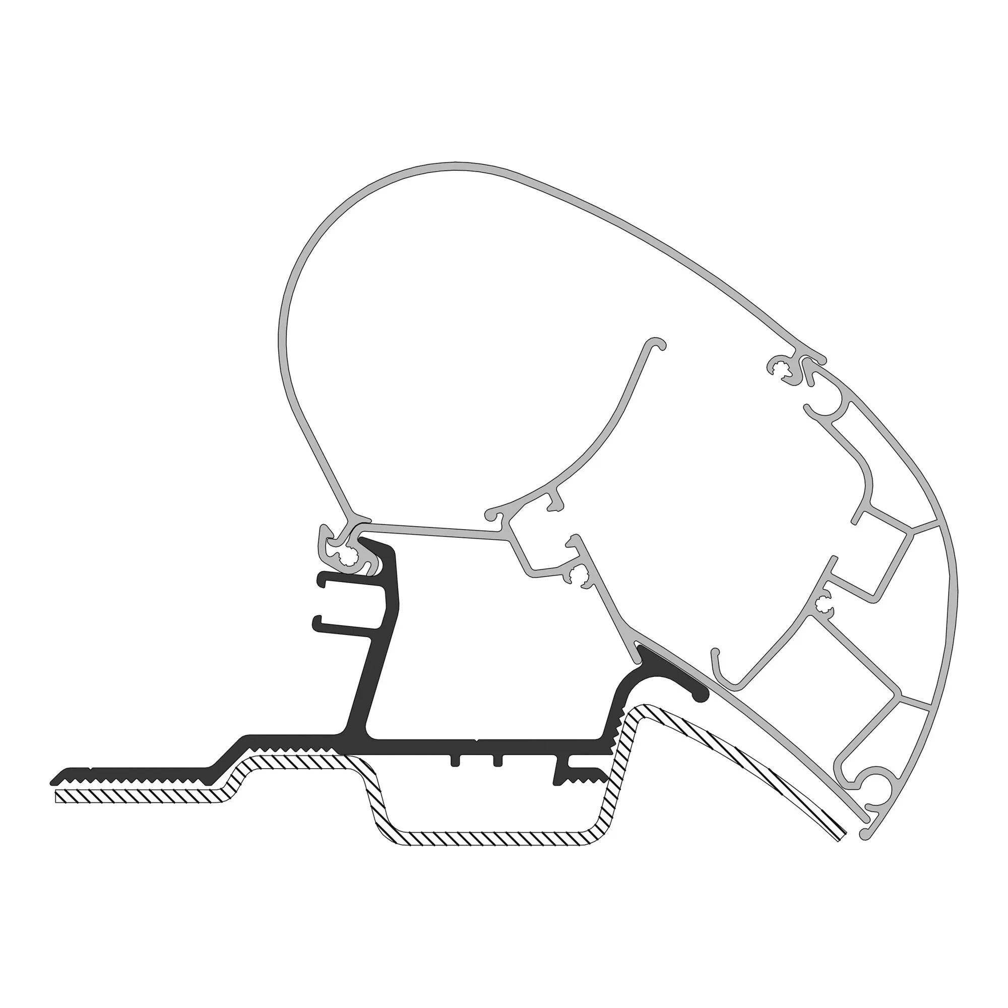 Technische Schnittdarstellung eines schwarzen Adapters für Mercedes-Benz Sprinter ab 04/2006 zur Montage einer Dometic-Markise Serie 2