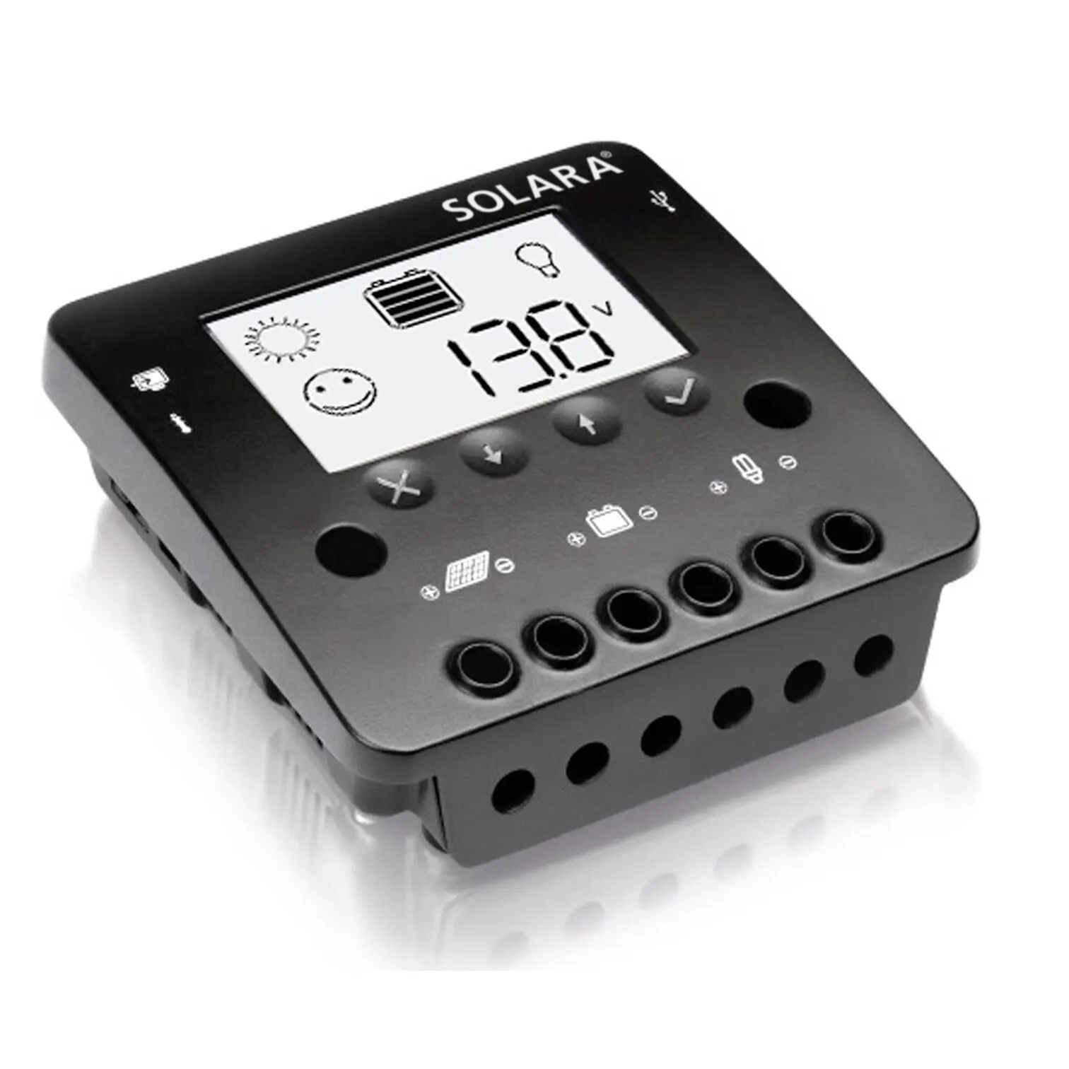 Solara PWM Solar-Laderegler SR350DUO in dunklem Gehäuse mit Display und Symbolen für Sonne, Batterie und USB sowie Anschlussbuchsen