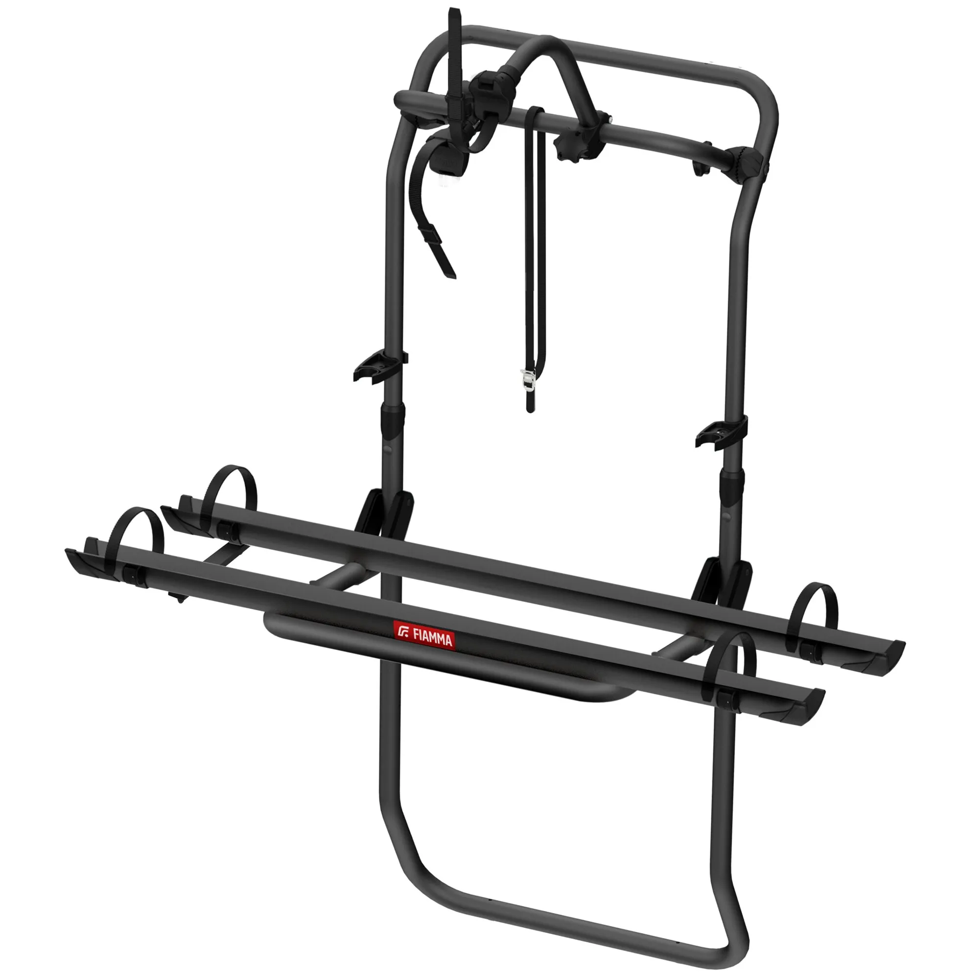 Schwarzer Fiamma Grundträger Carry-Bike Frame mit zwei Fahrradschienen, Haltebügeln und Sicherungsriemen