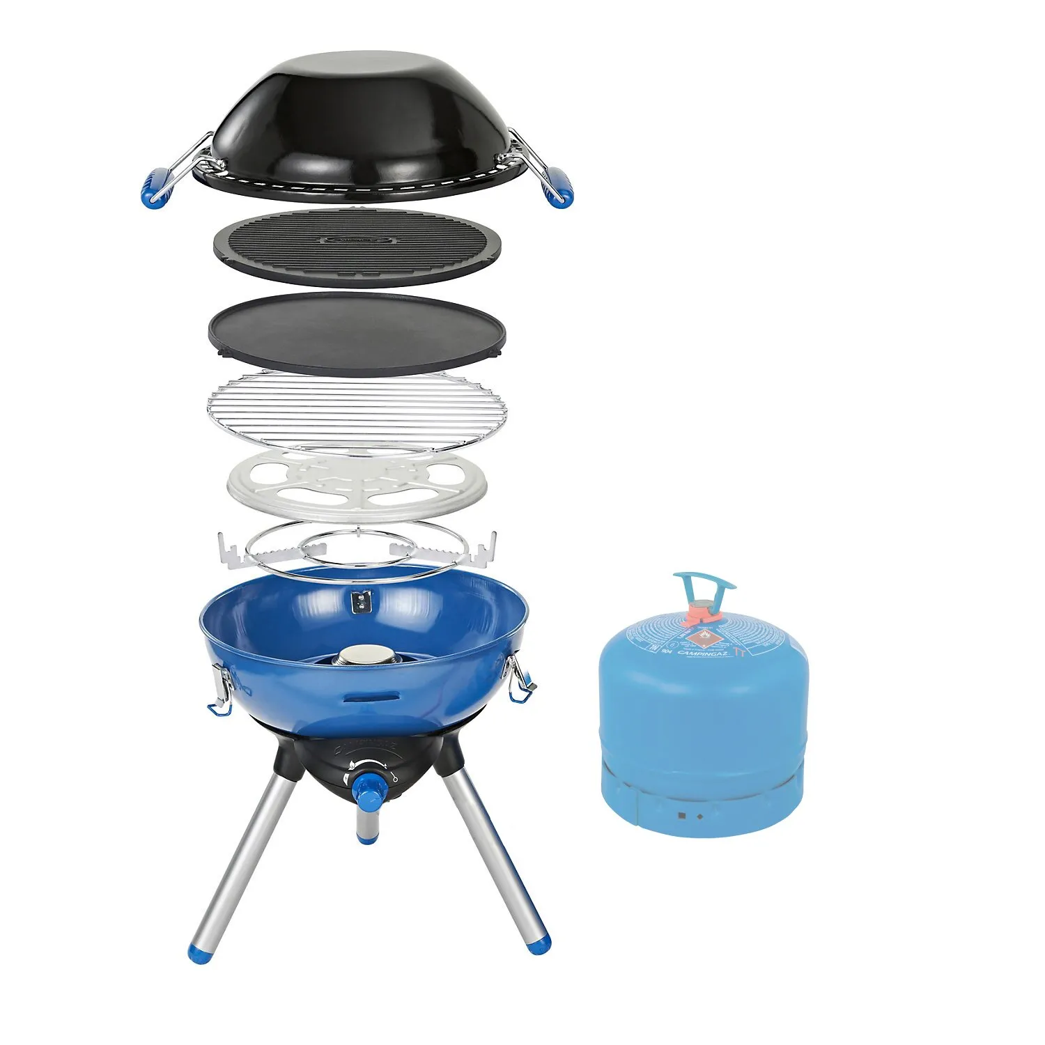 Blauer Party Grill 400 R mit auseinandergelegten Grillkomponenten, Deckel, Grillrost, Grillplatte und separater Gasflasche