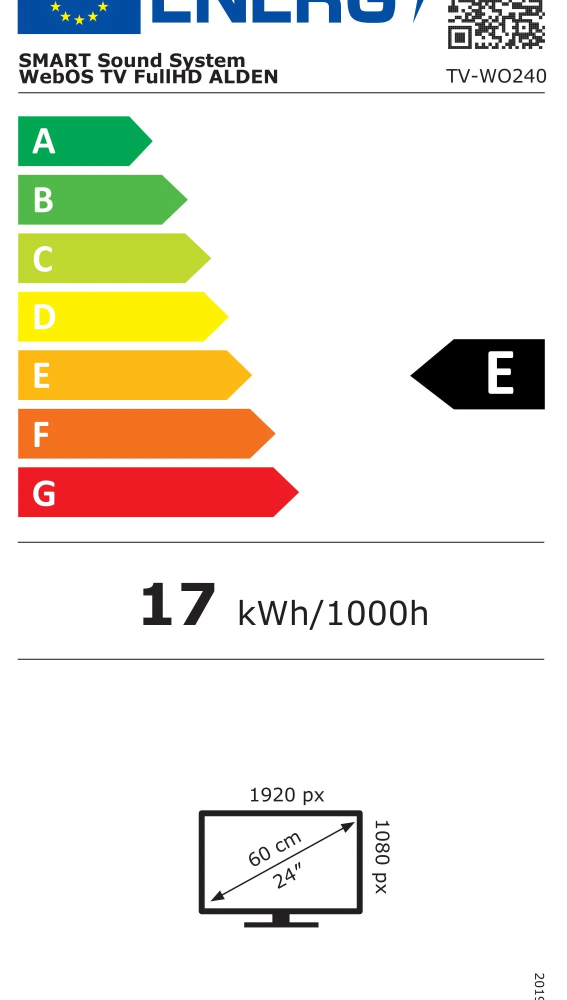 Energieeffizienzlabel des Alden Smartwide 24-Zoll-Fernsehers TV-WO240: Klasse E, 17 kWh/1000 h, Full HD mit 1920 × 1080 Pixeln