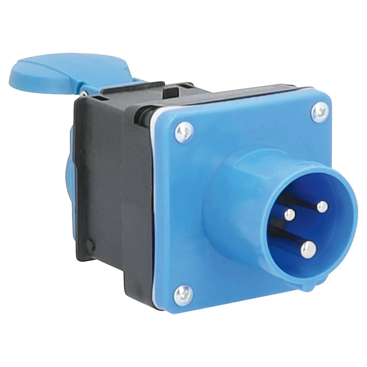 Adapterstecker CEE, Frankreich-Standard, blaues rundes Steckgesicht mit drei Metallstiften, schwarzes Gehäuse vorne, Eckschrauben