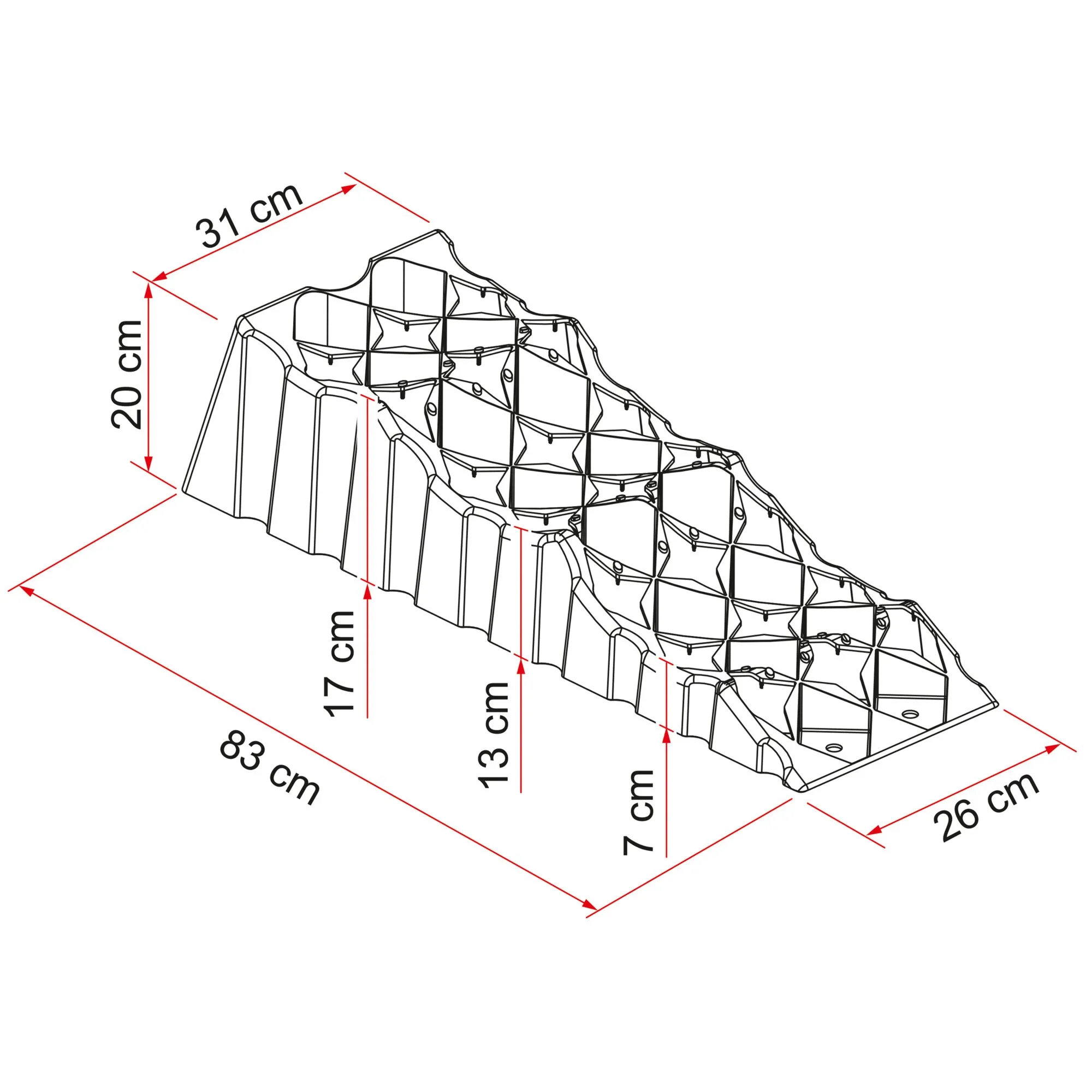 Technische Zeichnung des Auffahrkeil-Kits Level Up mit Stufenprofil und Maßangaben von 83 cm Länge und 20 cm Höhe