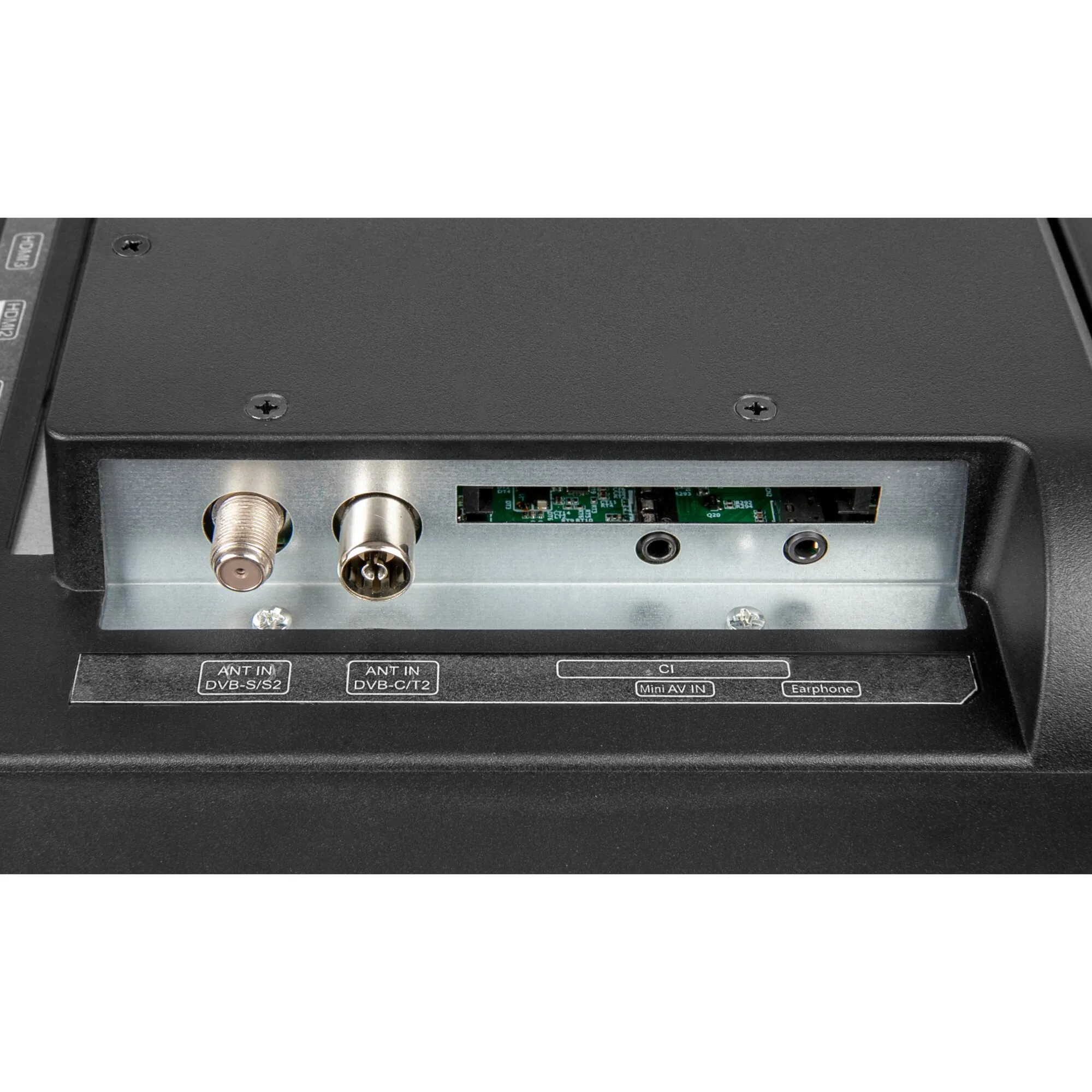 Detailaufnahme der Rückseite des Royal Line 32-Zoll-Fernsehers mit Antennenanschlüssen, CI-Schacht, Mini-AV-Eingang und Kopfhörerbuchse