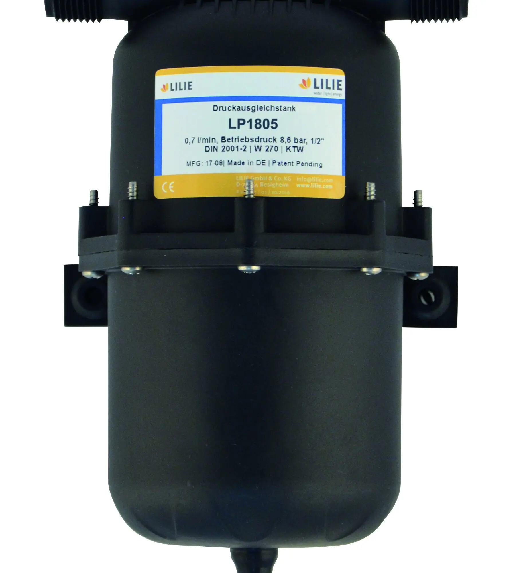 Schwarzer Druckausgleichstank mit sichtbar beschriftetem Etikett LP1805 von Lilie, Angabe 0,7 l/min und Betriebsdruck 8,6 bar
