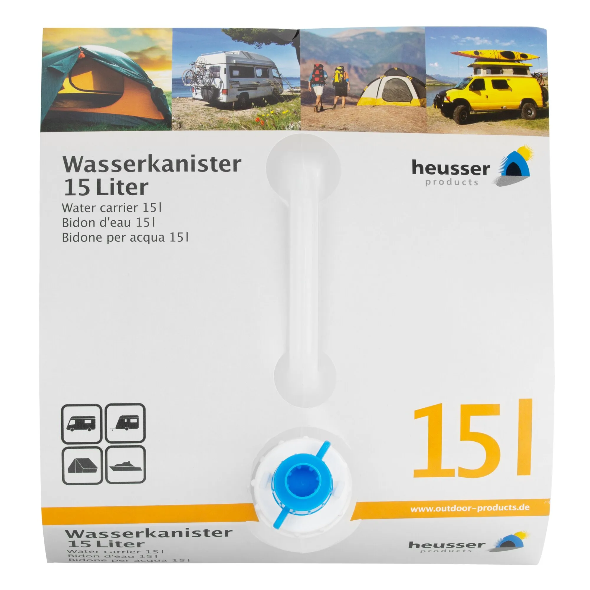 Verpackung eines faltbaren Wasserkanisters von Heusser Products mit 15 Litern Fassungsvermögen und blauem Verschlussgrifftank