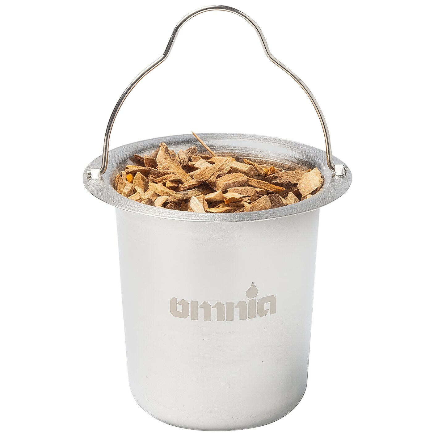 Edelstahl-Räucherbecher für Omnia Backofen, mit breitem Rand, gefüllt mit Holzstücken, sichtbarer Metallgriff