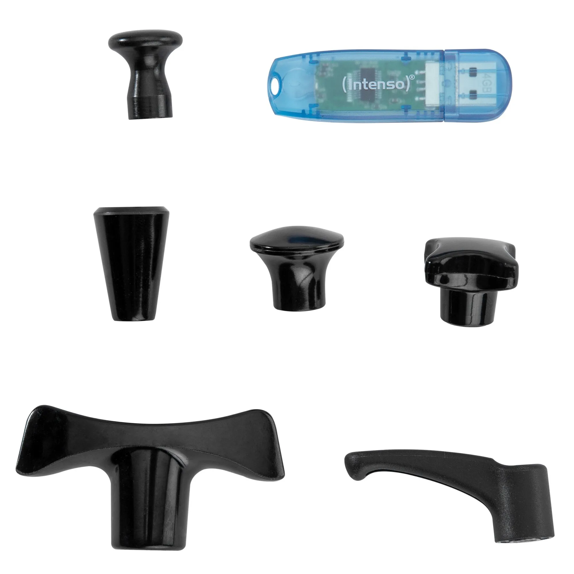 Magnet-Set Classic mit mehreren schwarzen Magnetelementen in verschiedenen Formen und einem blauen USB-Stickાજુ