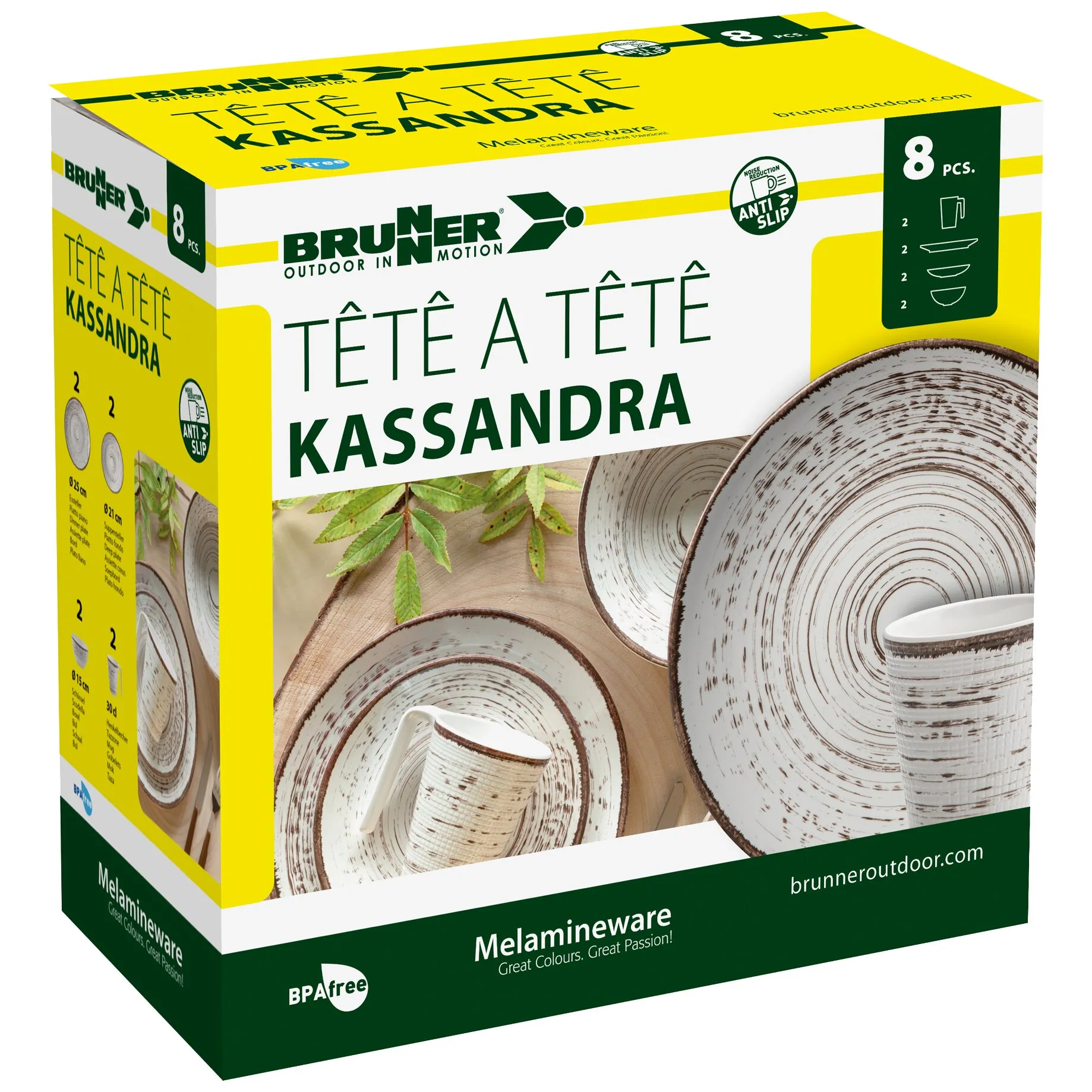 Verpackung des 8-teiligen Brunner-Melamingeschirrsets Kassandra mit Tellern, Schalen und Bechern im cremebraunen Design