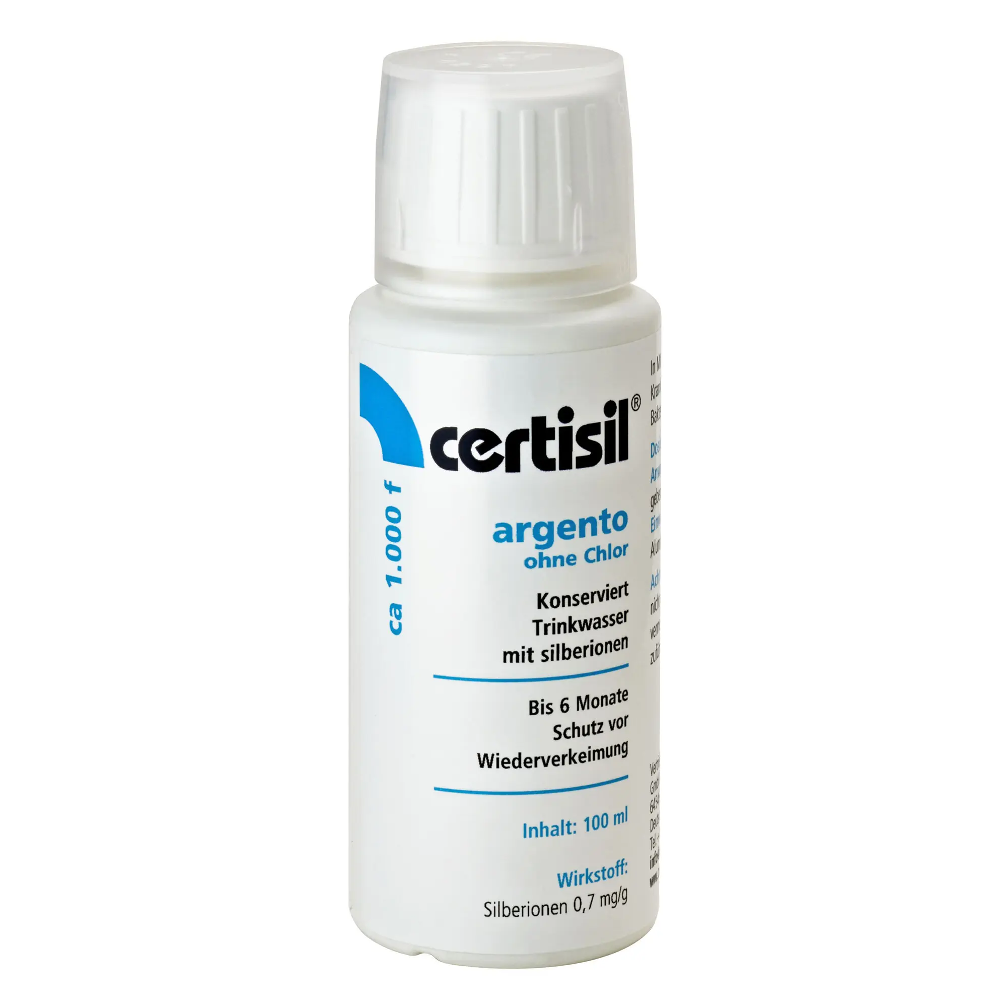 Weiße Kunststoffflasche mit Schraubdeckel und Etikett mit blauem Certisil-Logo und der Bezeichnung argento ohne Chlor Inhalt 100 ml