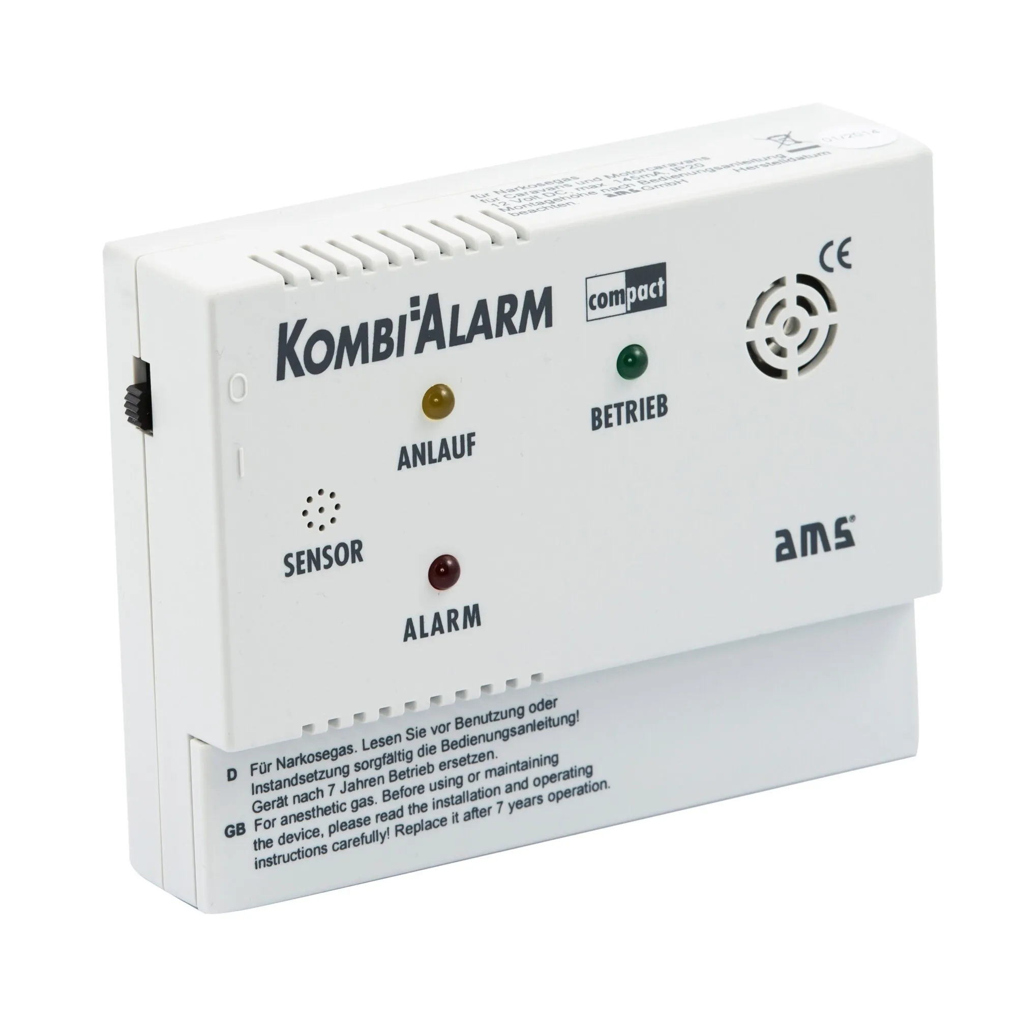 Weiße Kombi-Alarm-Compact-Narkosegaswarnanlage mit Lüftungsschlitzen, Signal-LEDs, Lautsprecher und Sensoreingängen