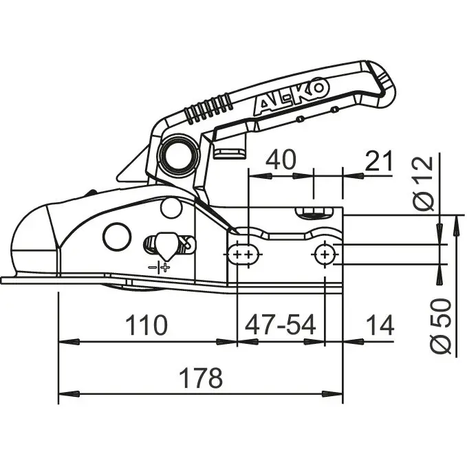 Seitenansicht einer Kugelkupplung mit Griff, technische Zeichnung mit Maßangaben, Griff mit AL-KO Schriftzug, Kugel Ø50 mm