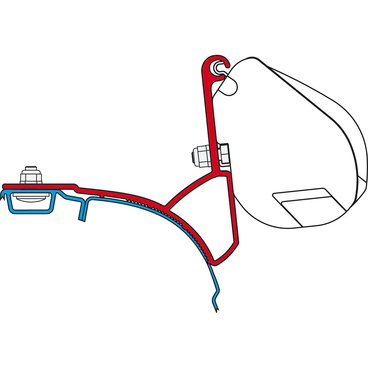 Technische Schnittdarstellung eines roten VW-Rail-Kits für VW T5 und T6 mit Befestigungselementen und blau markierter Fahrzeugkarosserie