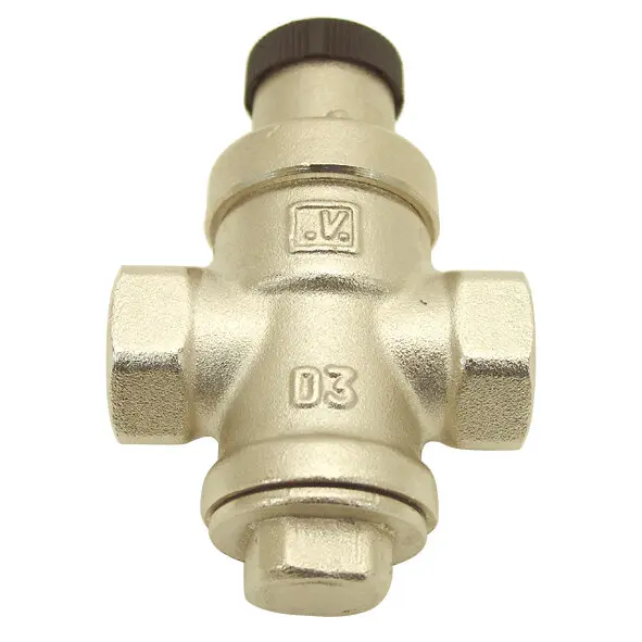 Messing-Druckminderer mit vier seitlichen Anschlussgewinden, zentrales Kreuzgehäuse, oberer schwarzer Einstellknopf, D3-Prägung mit Logo