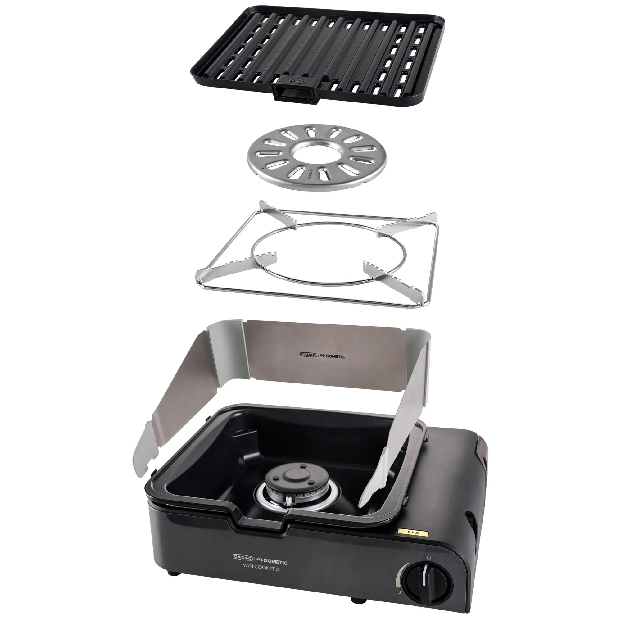 Campingkocher Van Cook FFD von CADAC Dometic mit abnehmbarem Grillrost, Brennerabdeckung, Topfträger und Windschutz in Einzelteilen