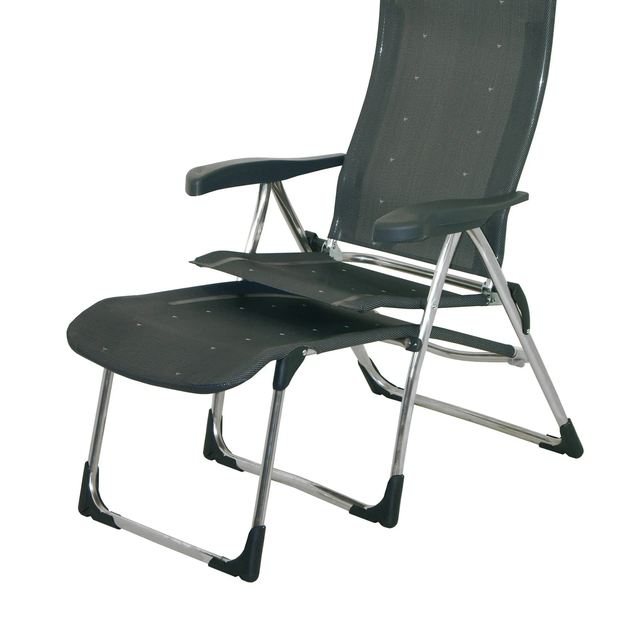 Schwarze Fußauflage R/215-M Classic an einem Klappstuhl mit gepolsterter Sitz- und Rückenfläche aus Netzgewebe