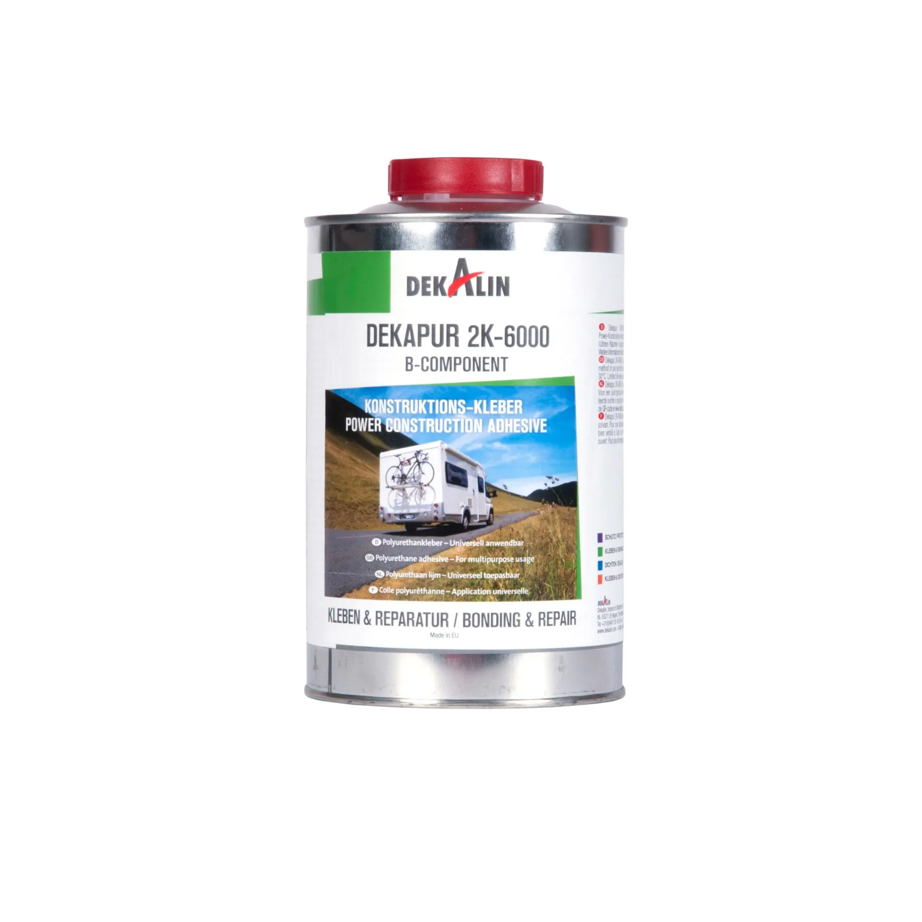 Silberne Metallkanne mit rotem Deckel, etikettiert mit DEKALIN DEKAPUR 2K-6000 B-Komponentenkleber