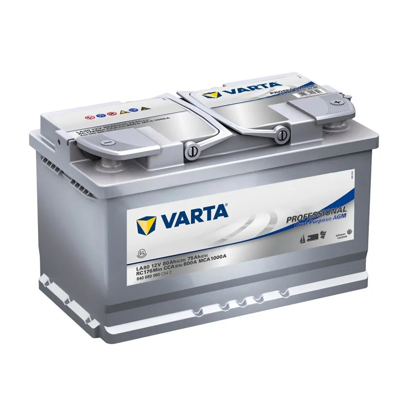 Graue VARTA AGM-Dual-Purpose-Batterie mit 80 Ah, rechteckigem Gehäuse, zwei Abdeckungen und sichtbaren Anschlüssen